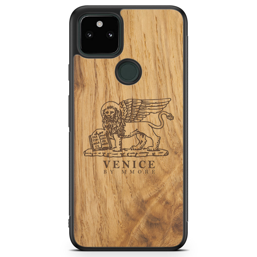 Handcrafted Venice phone case featuring the Lion of St. Marco, made from ancient oak wood, showcasing its unique grain and engraving.