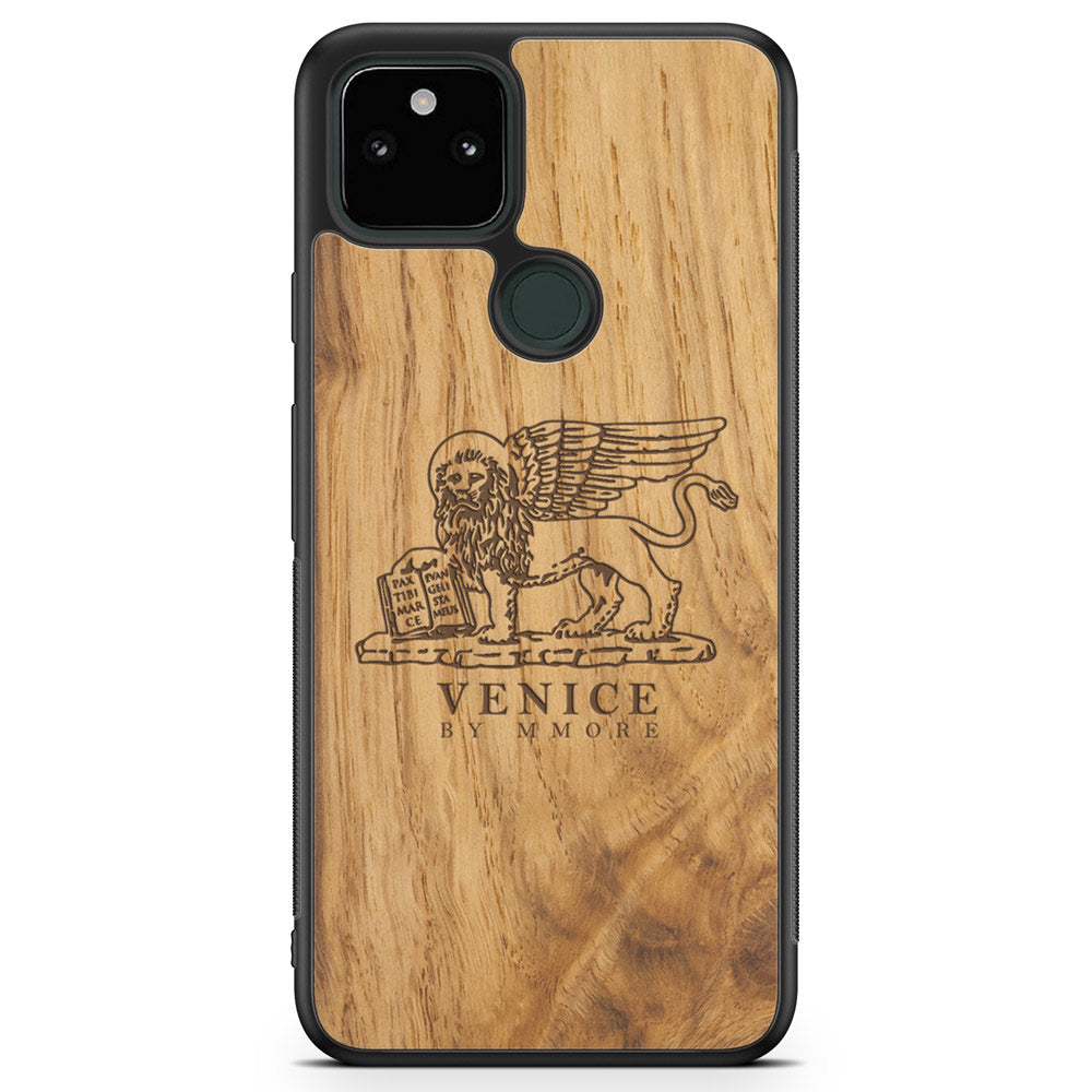 Handcrafted Venice phone case featuring the Lion of St. Marco, made from ancient oak wood, showcasing its unique grain and engraving.