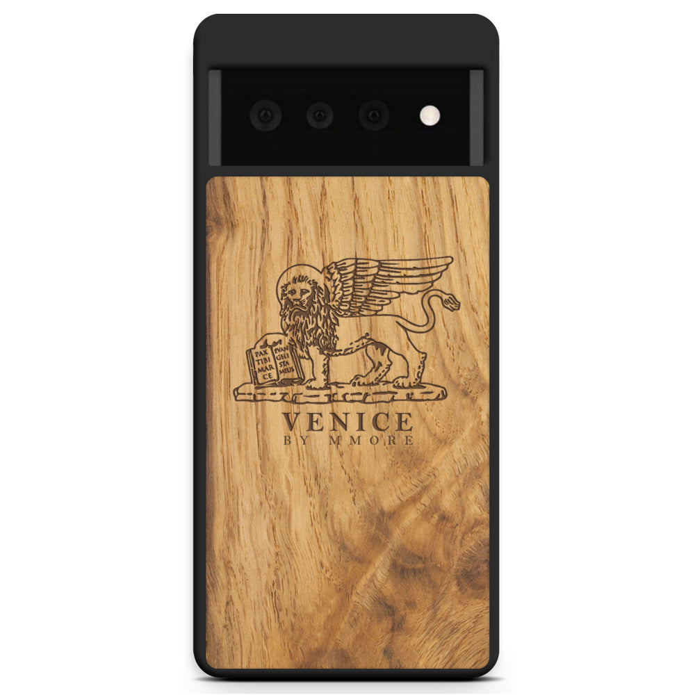 Handcrafted Venice phone case featuring the Lion of St. Marco, made from ancient oak wood, showcasing its unique grain and engraving.