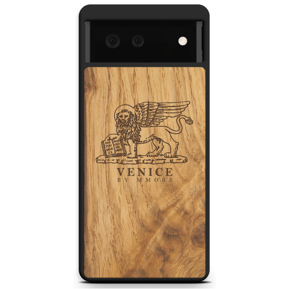 Handcrafted Venice phone case featuring the Lion of St. Marco, made from ancient oak wood, showcasing its unique grain and engraving.