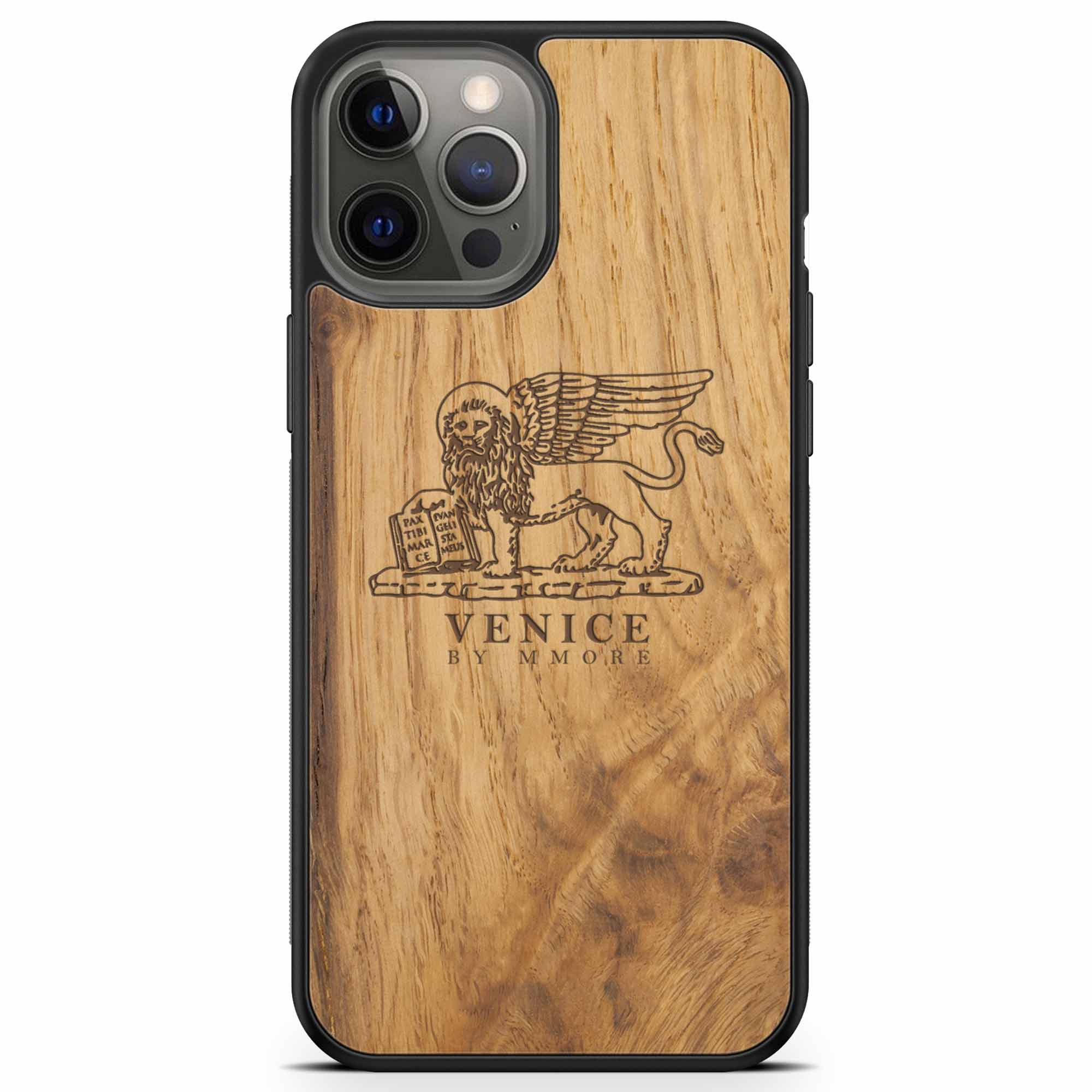 Handcrafted Venice phone case featuring the Lion of St. Marco, made from ancient oak wood, showcasing its unique grain and engraving.