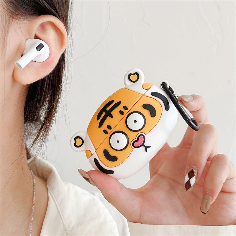Tiger Wireless Earphone Cartoon Protective Case made of silicone, featuring a cute tiger design, perfect for protecting AirPods.