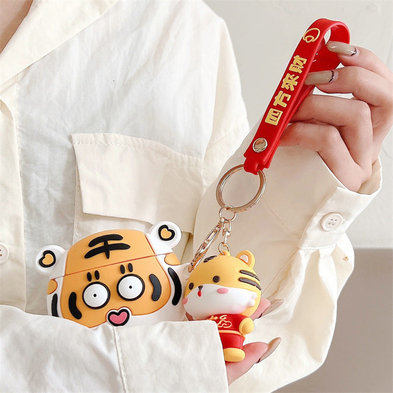 Tiger Wireless Earphone Cartoon Protective Case made of silicone, featuring a cute tiger design, perfect for protecting AirPods.
