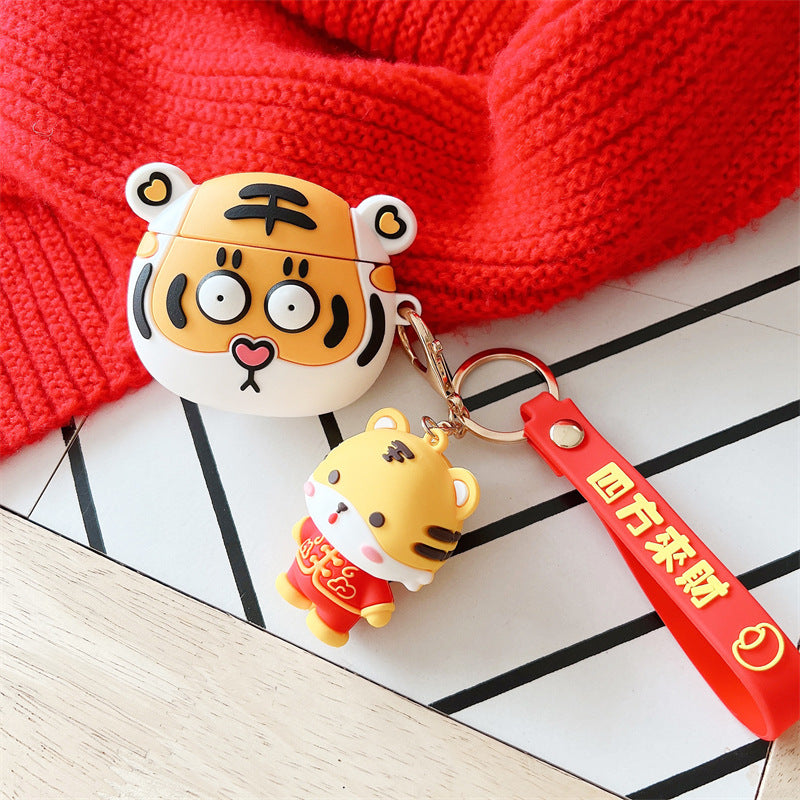 Tiger Wireless Earphone Cartoon Protective Case made of silicone, featuring a cute tiger design, perfect for protecting AirPods.