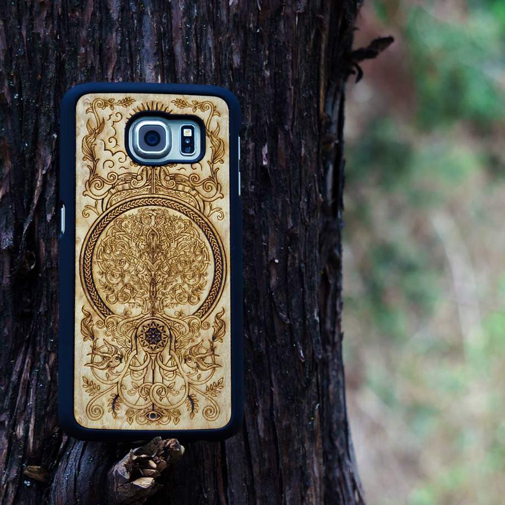 Ornate wooden phone case design.