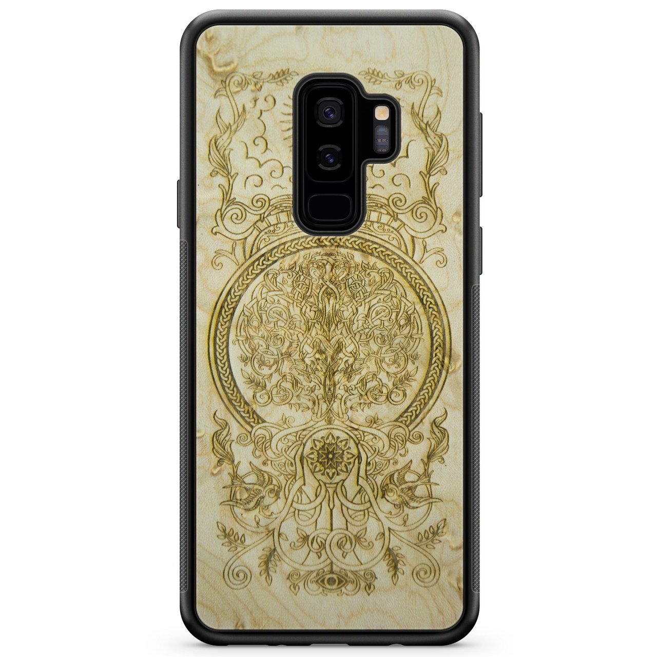 Intricately engraved wooden phone case.
