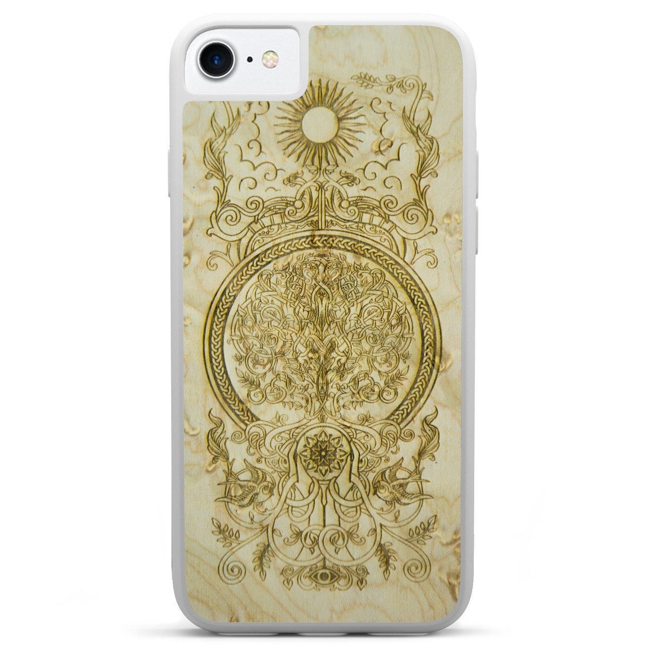 Intricate wood-engraved phone case.
