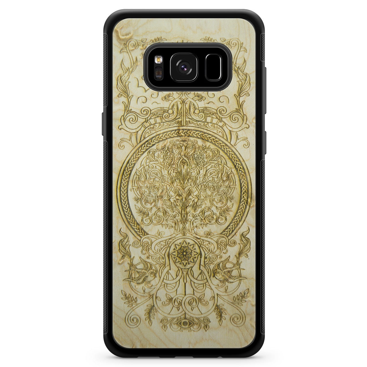 Ornate engraved wooden phone case.