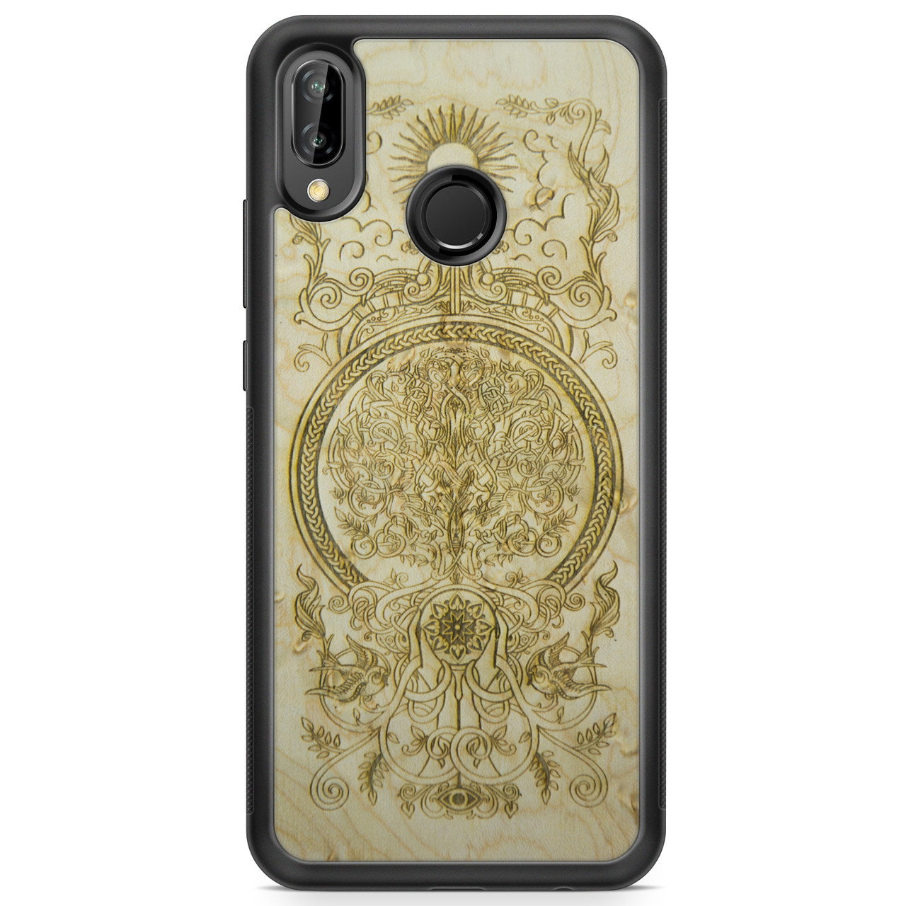 Intricate design on wooden phone case.