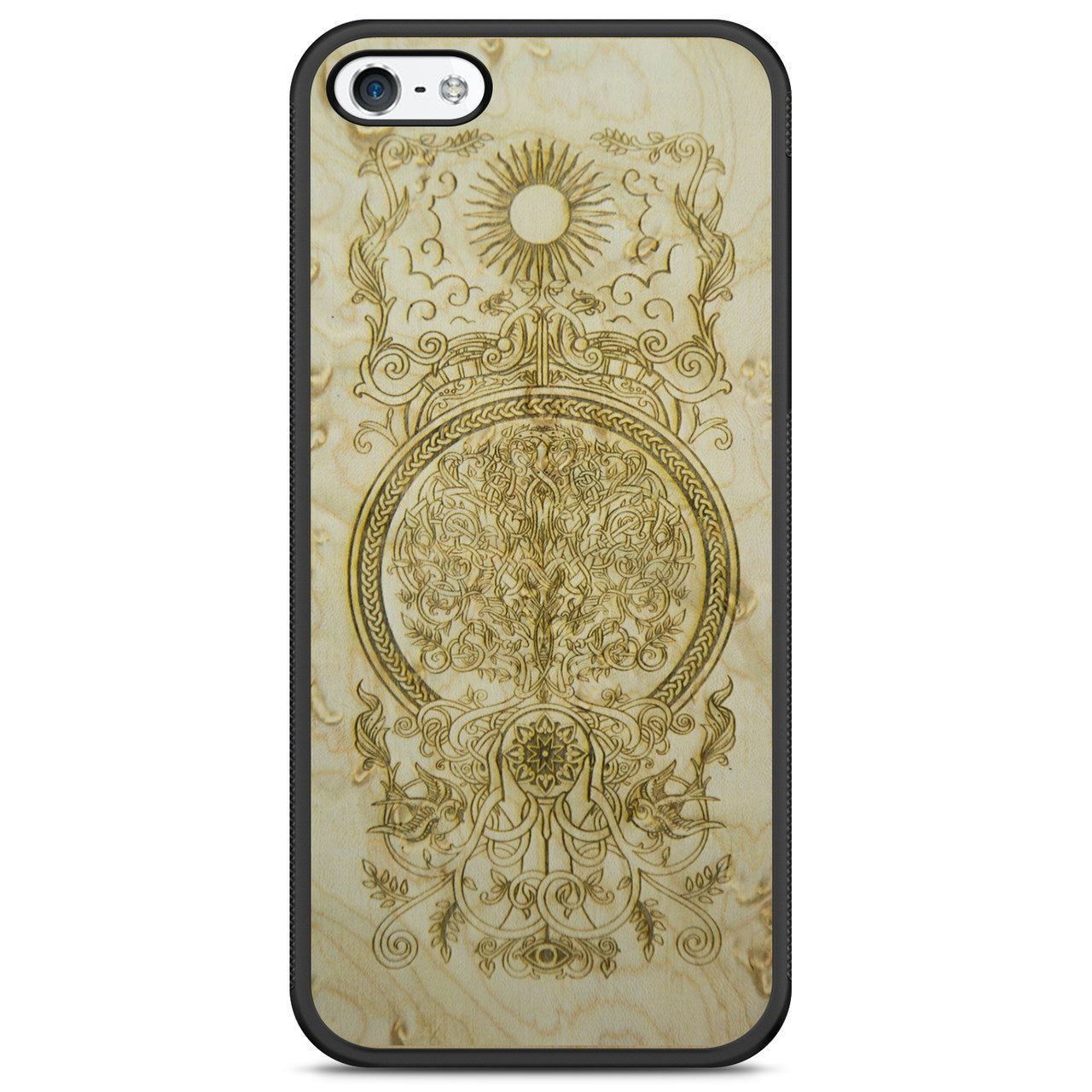 Ornate wooden phone case design.