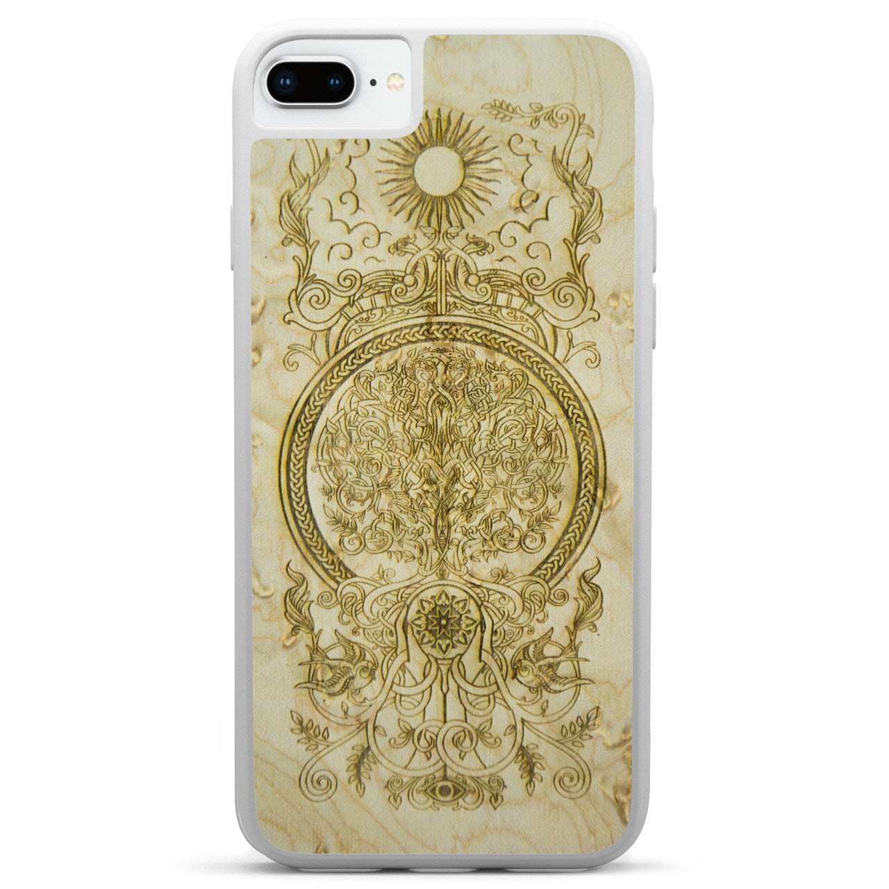 Intricate engraved wooden phone case.