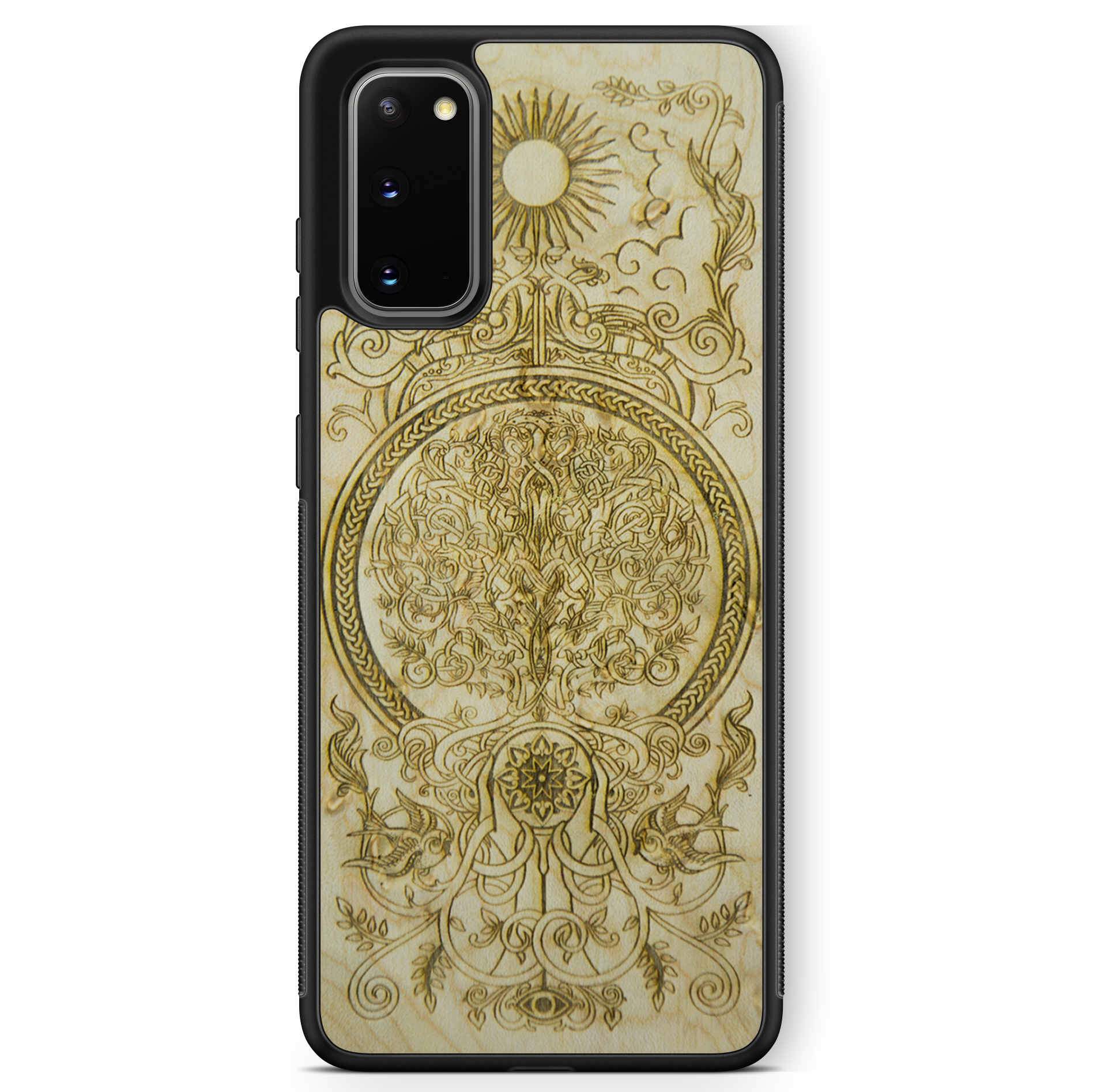 Phone case with intricate circular design.