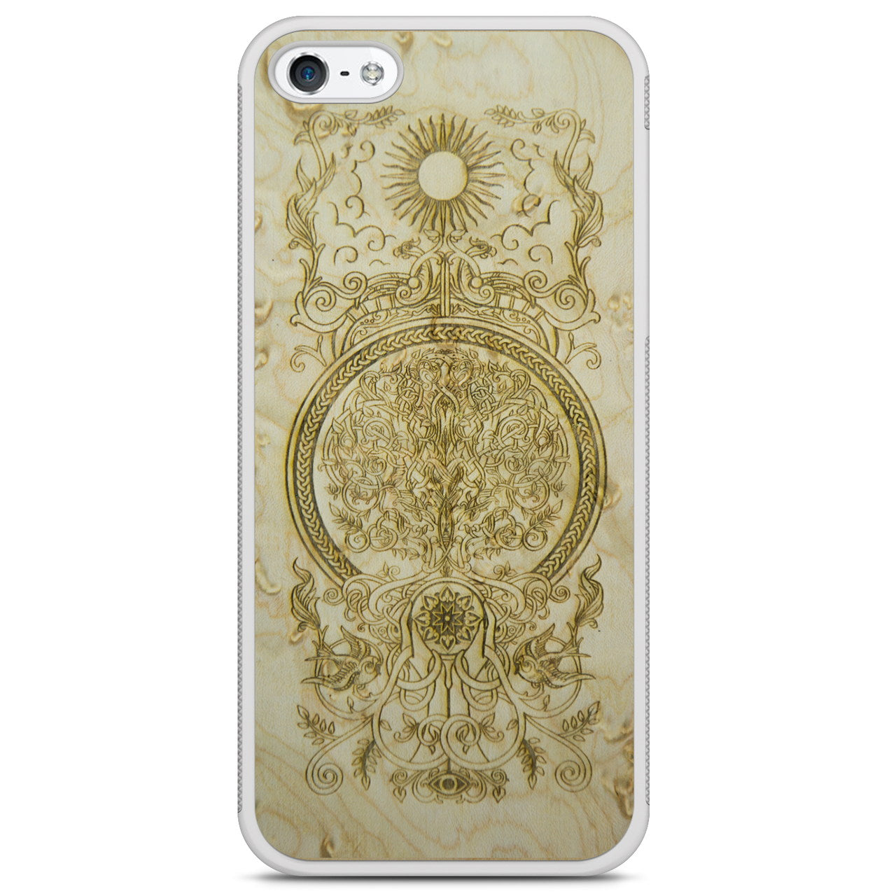 Intricately engraved wooden phone case.