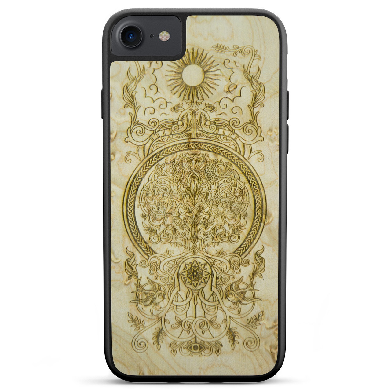 Wooden iPhone case with intricate design.