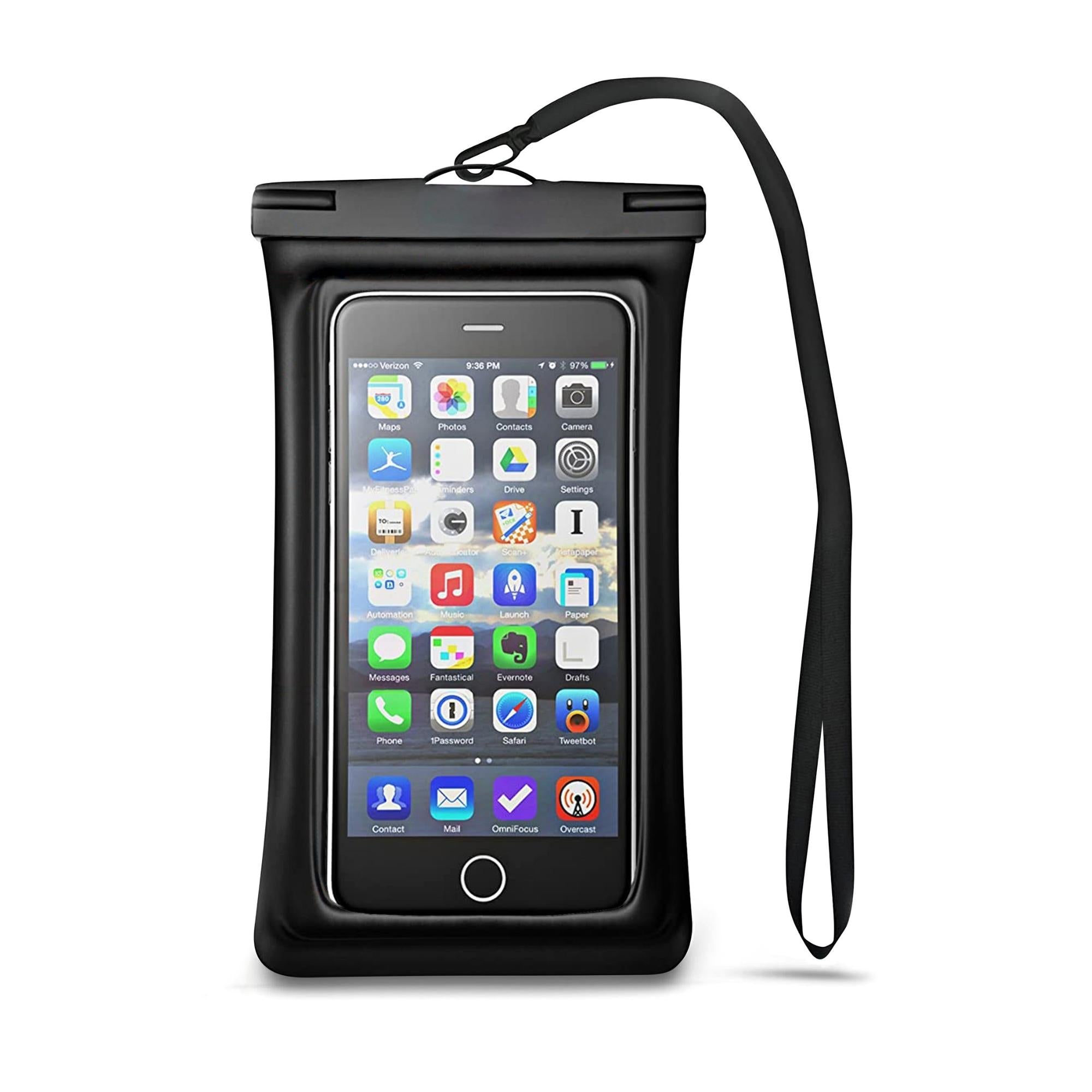 Universal Waterproof Case Phone Pouch for iPhone 13 and 12 Pro, showcasing its transparent design and adjustable lanyard.