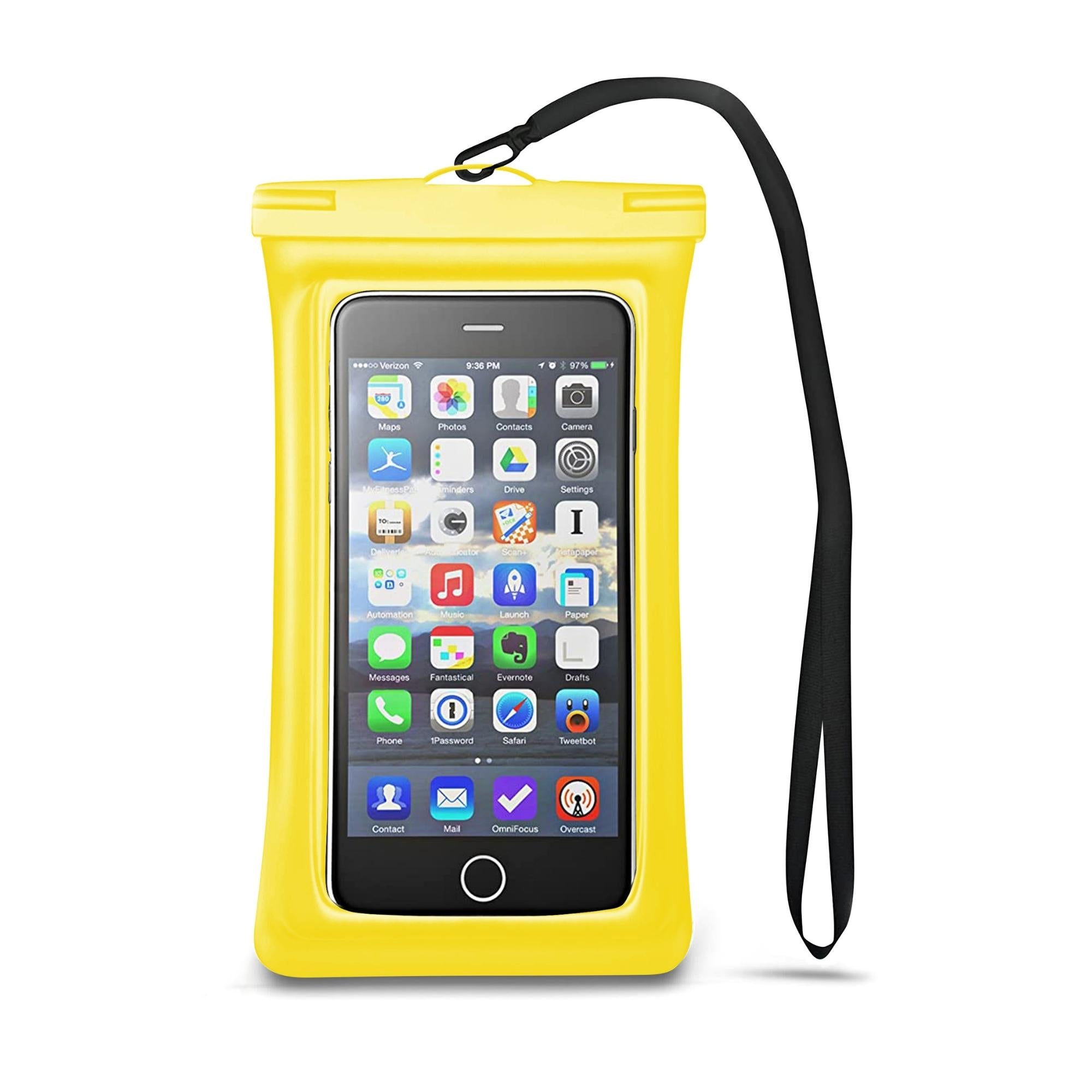 Universal Waterproof Case Phone Pouch for iPhone 13 and 12 Pro, showcasing its transparent design and adjustable lanyard.