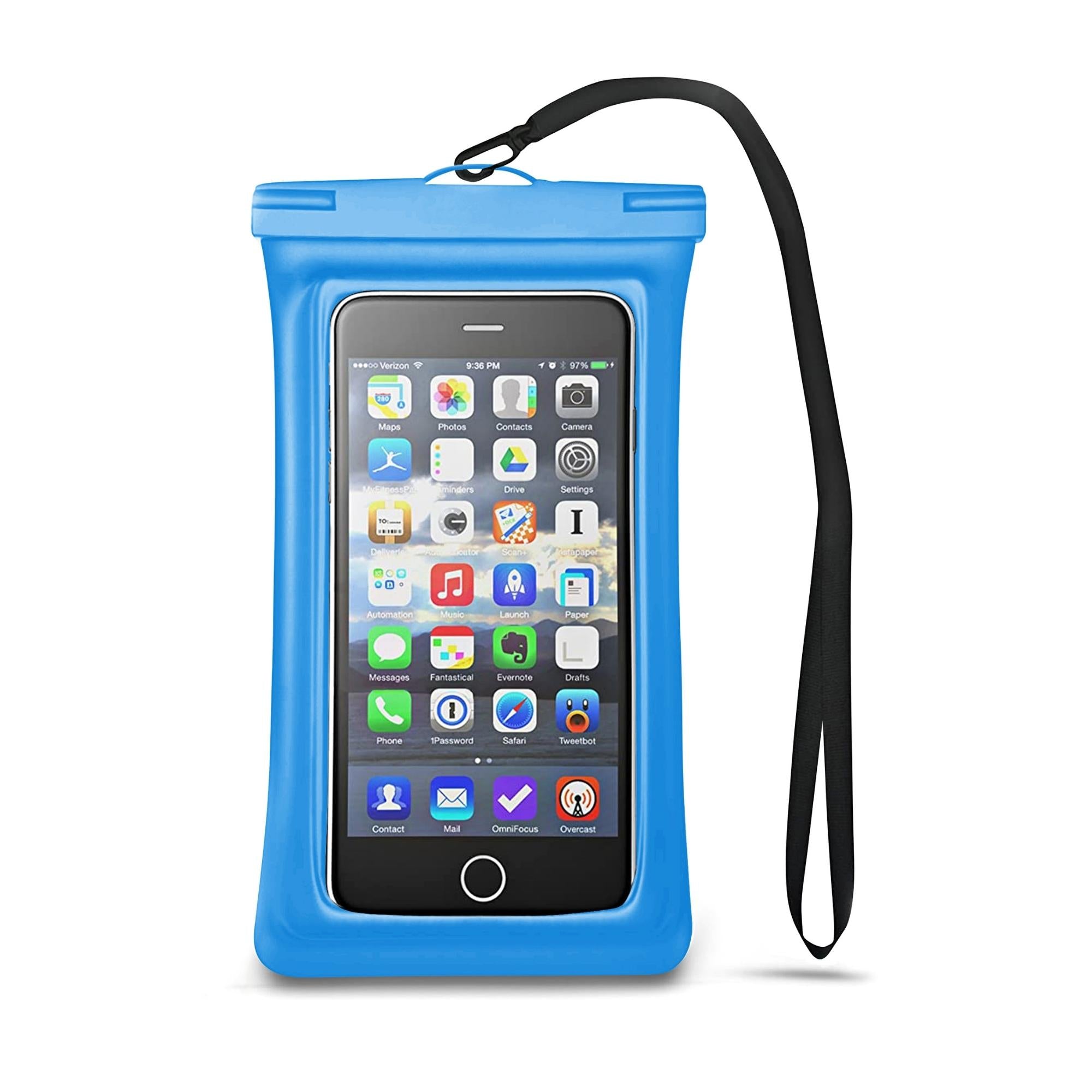 Universal Waterproof Case Phone Pouch for iPhone 13 and 12 Pro, showcasing its transparent design and adjustable lanyard.