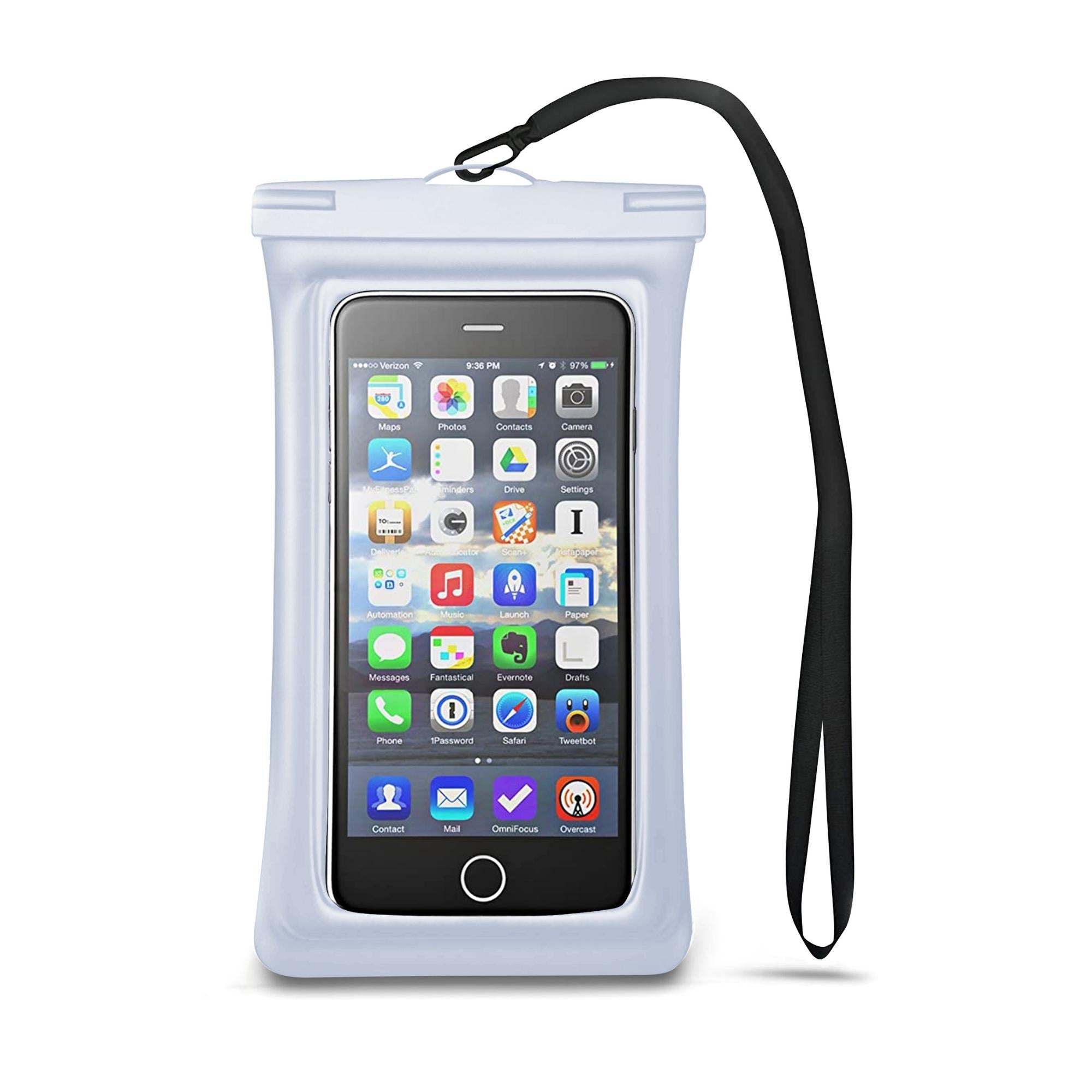 Universal Waterproof Case Phone Pouch for iPhone 13 and 12 Pro, showcasing its transparent design and adjustable lanyard.