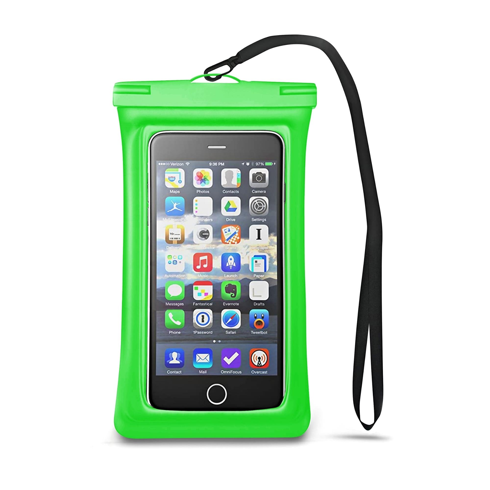 Universal Waterproof Case Phone Pouch for iPhone 13 and 12 Pro, showcasing its transparent design and adjustable lanyard.
