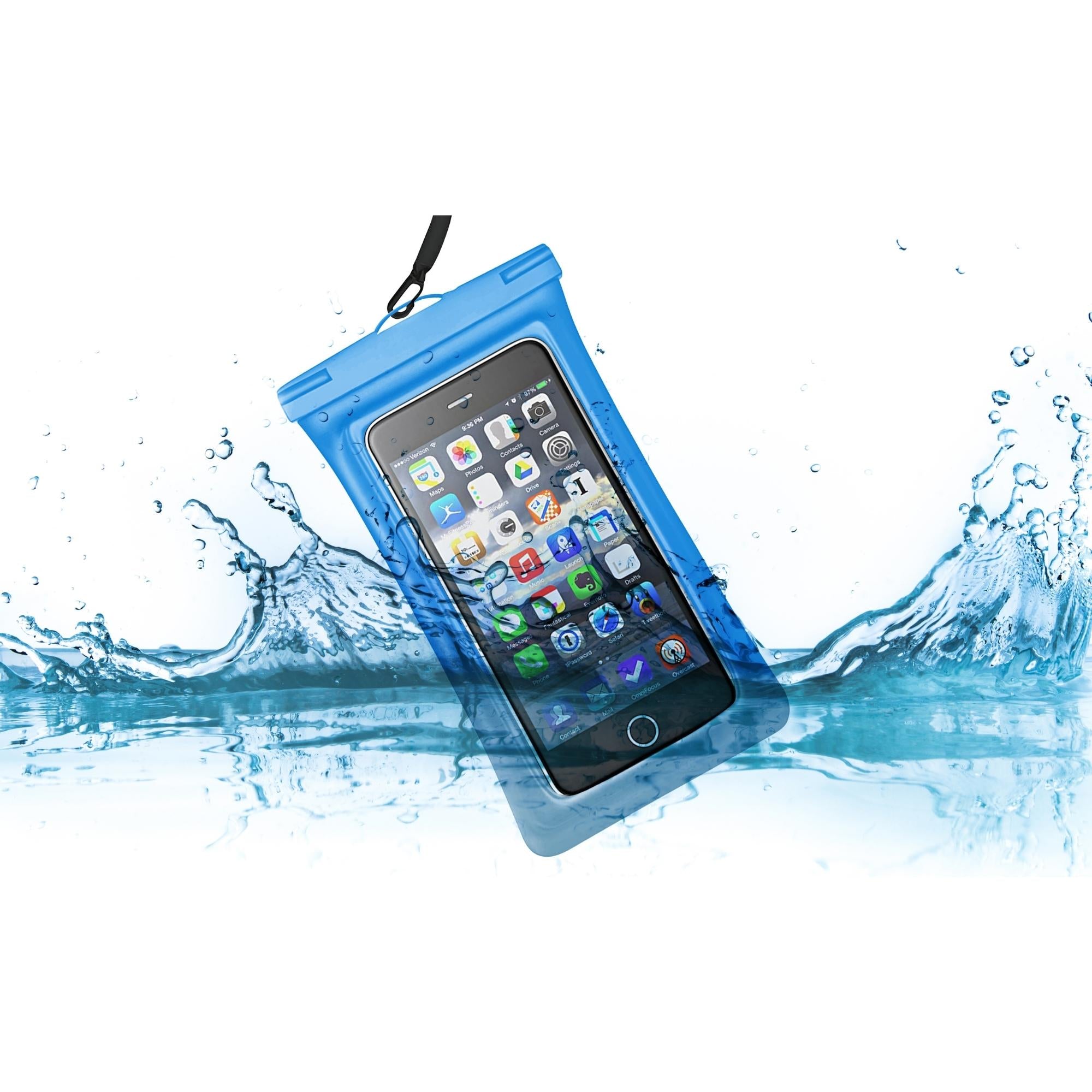 Universal Waterproof Case Phone Pouch for iPhone 13 and 12 Pro, showcasing its transparent design and adjustable lanyard.