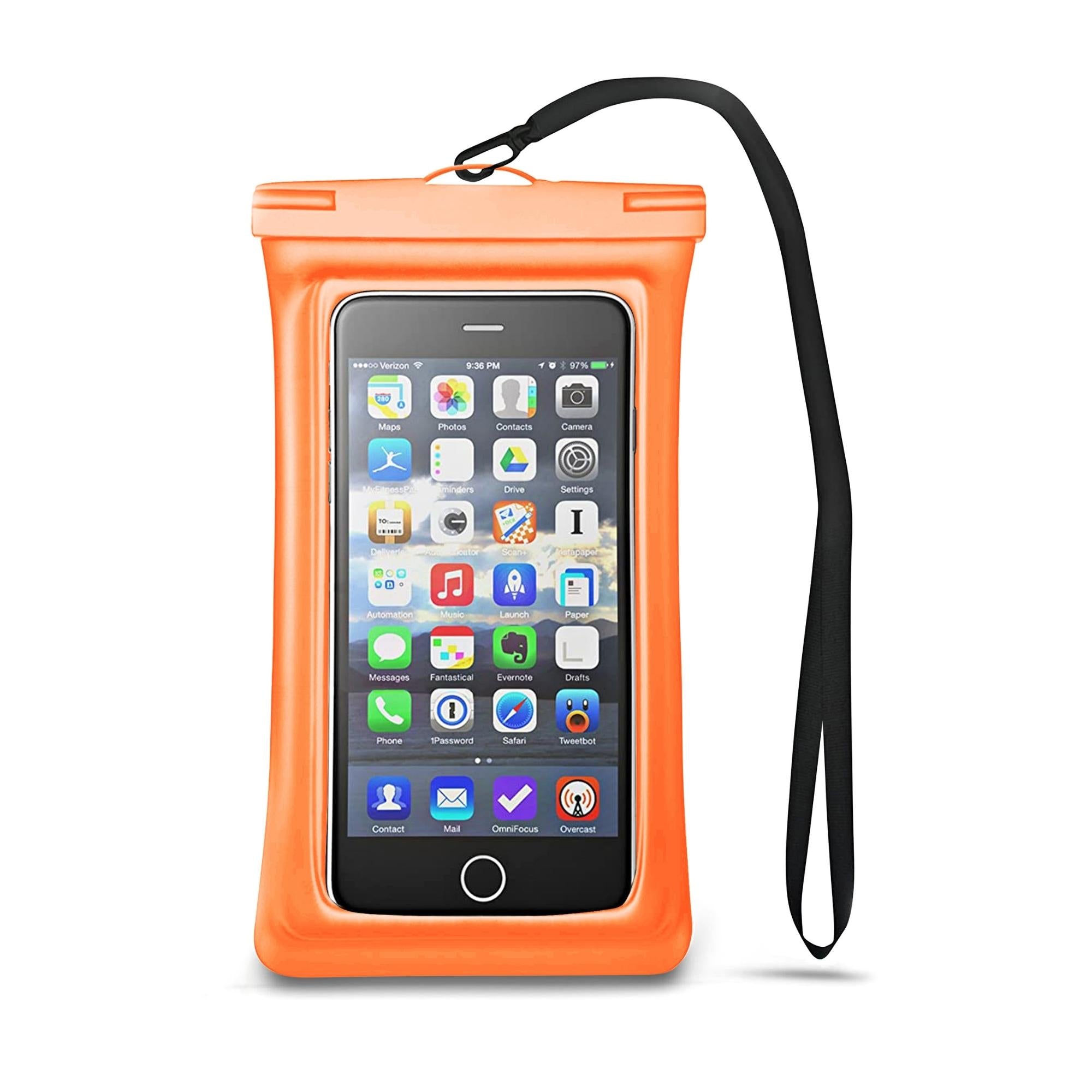 Universal Waterproof Case Phone Pouch for iPhone 13 and 12 Pro, showcasing its transparent design and adjustable lanyard.