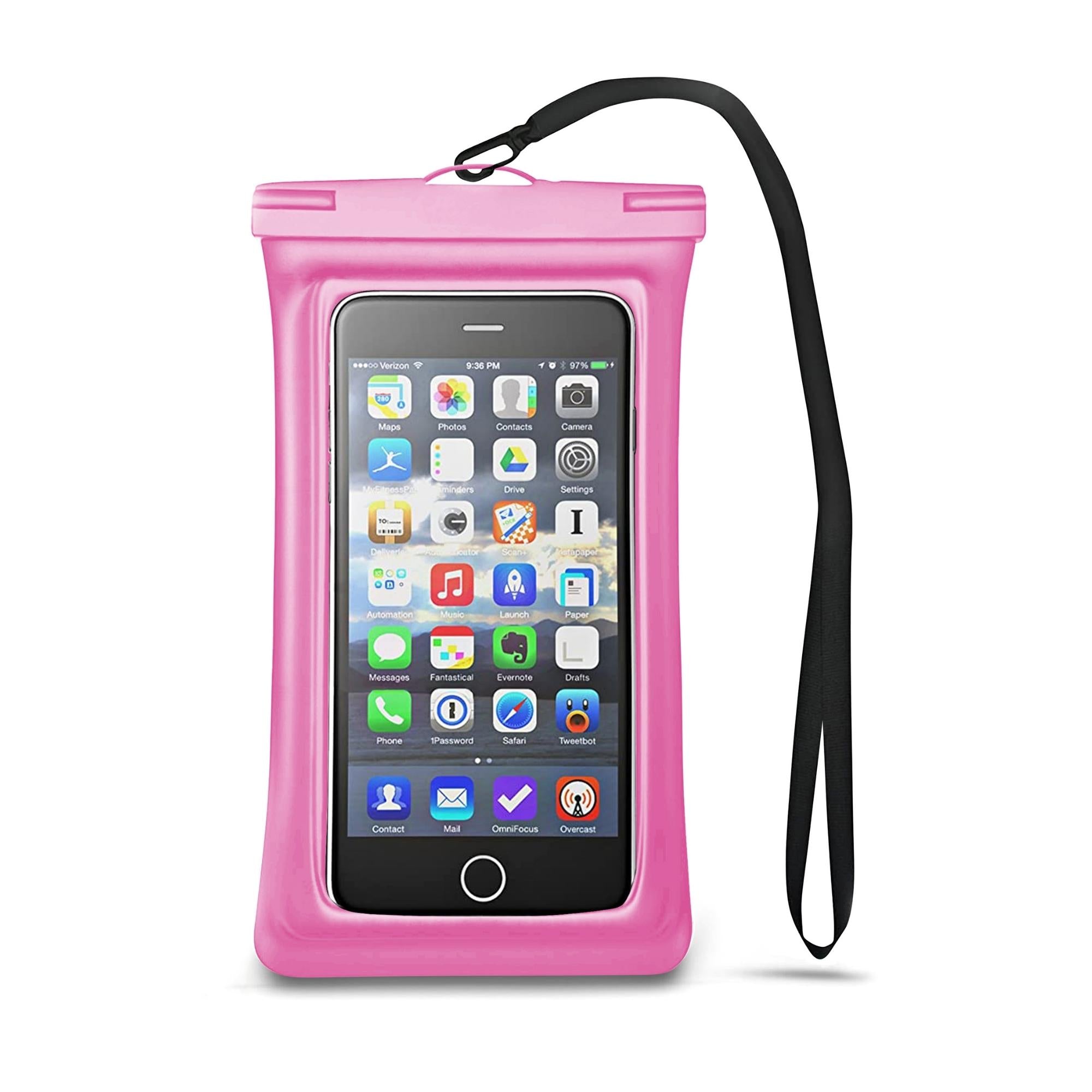 Universal Waterproof Case Phone Pouch for iPhone 13 and 12 Pro, showcasing its transparent design and adjustable lanyard.