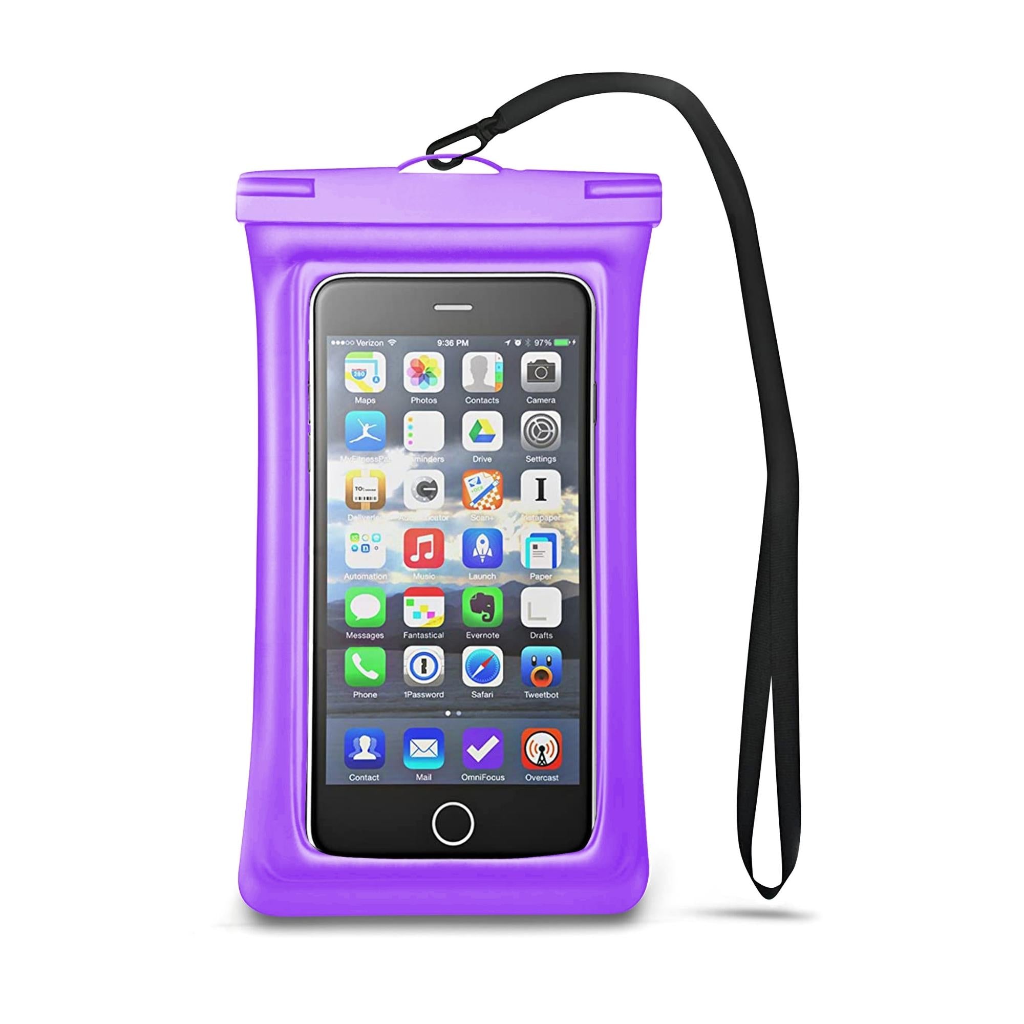 Universal Waterproof Case Phone Pouch for iPhone 13 and 12 Pro, showcasing its transparent design and adjustable lanyard.