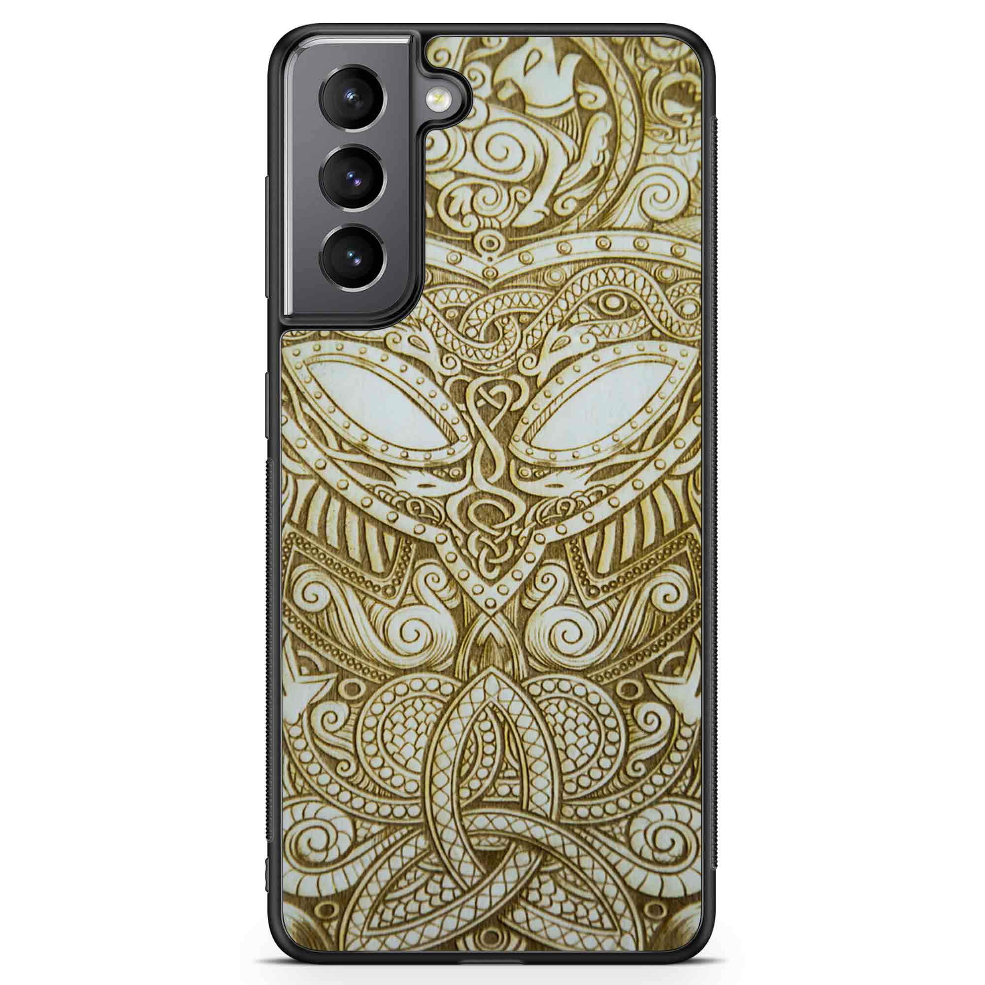 Handcrafted Viking wooden phone case showcasing unique wood grain and Norse symbols, held in a woman's hand.