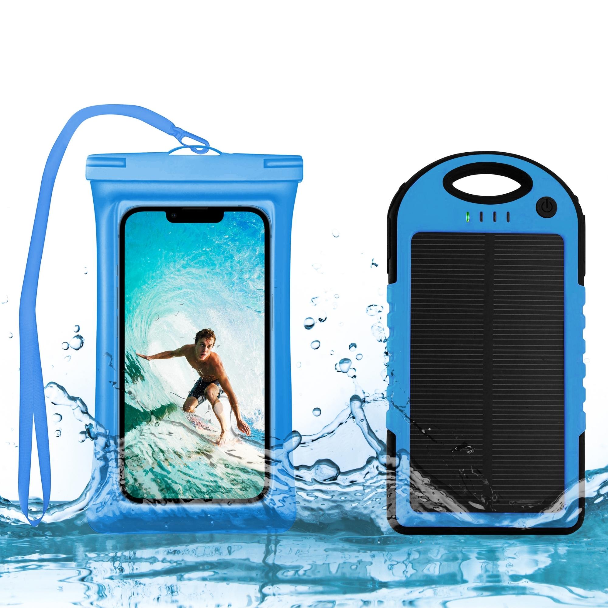 A waterproof phone case alongside a 5000 MAH solar charger, showcasing their compact and portable design, ideal for outdoor adventures.