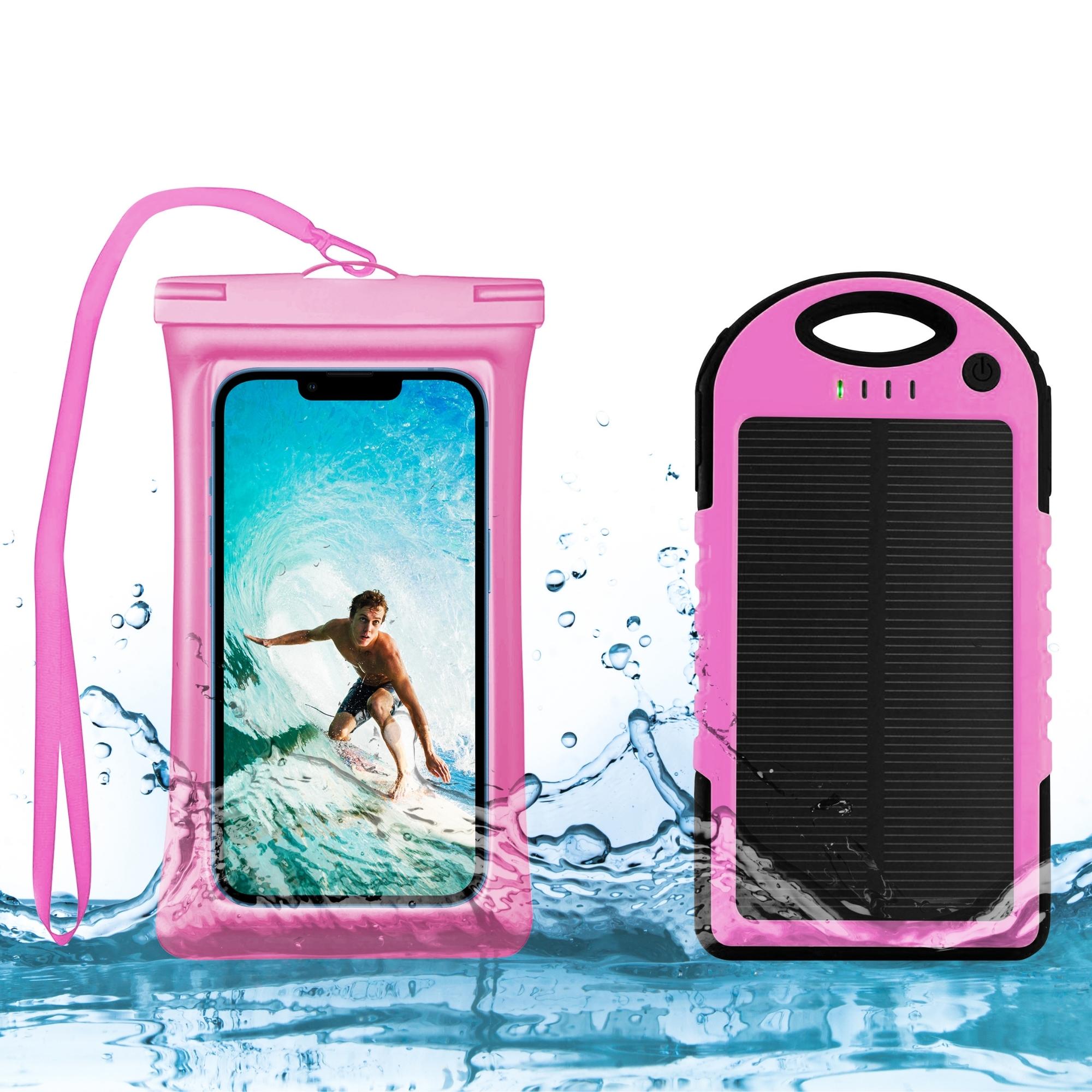 A waterproof phone case alongside a 5000 MAH solar charger, showcasing their compact and portable design, ideal for outdoor adventures.
