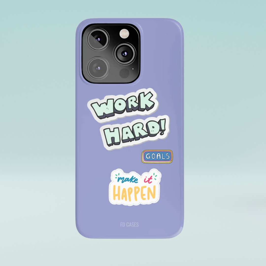 Work Hard Slim Case for iPhone 14, showcasing a sleek design with a glossy finish and motivational message.