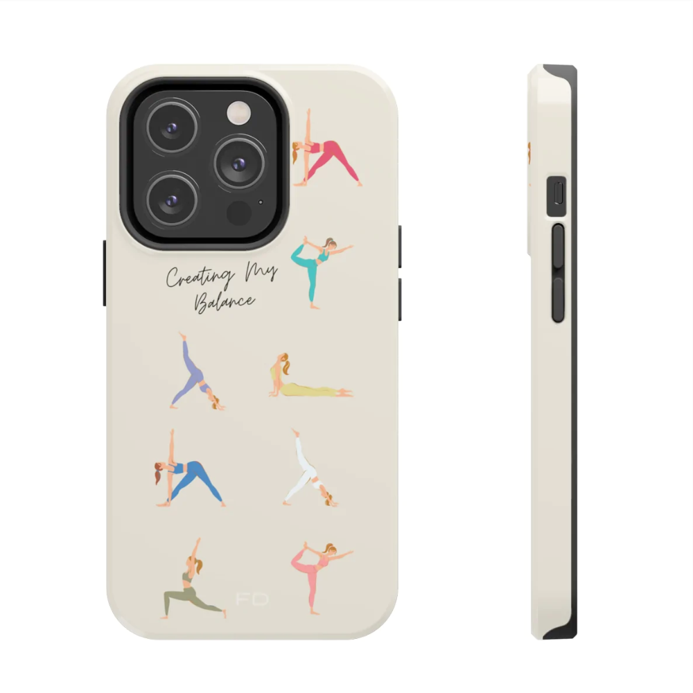 Yoga Poses Tough Case for iPhone, featuring a glossy finish and positive yoga-inspired design, providing impact resistance and wireless charging support.