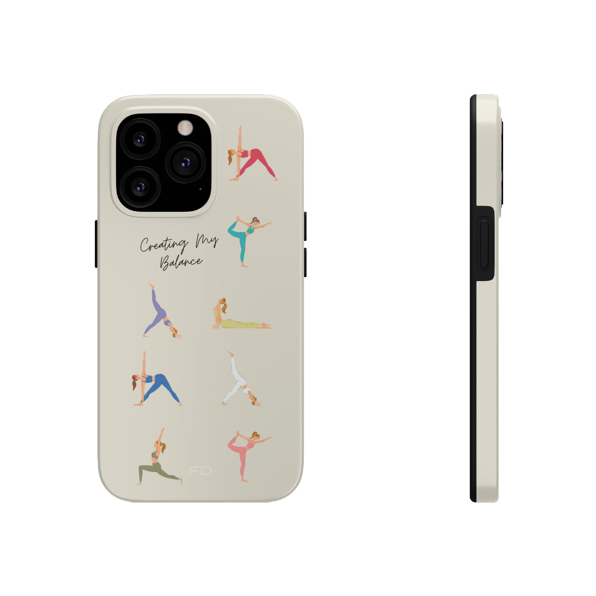 Yoga Poses Tough Case for iPhone, featuring a glossy finish and positive yoga-inspired design, providing impact resistance and wireless charging support.