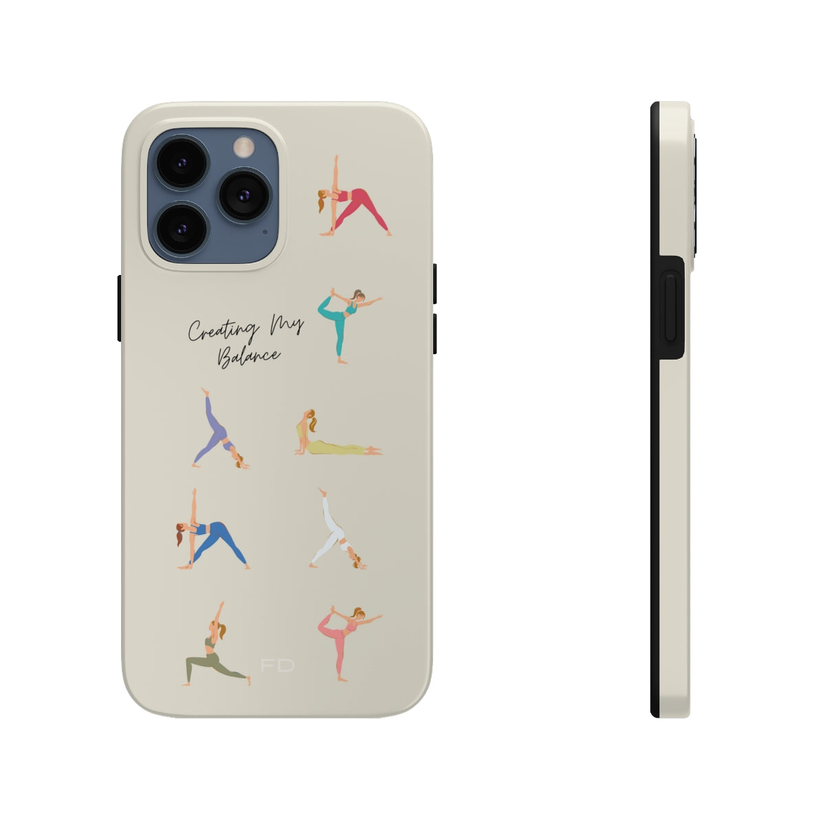 Yoga Poses Tough Case for iPhone, featuring a glossy finish and positive yoga-inspired design, providing impact resistance and wireless charging support.