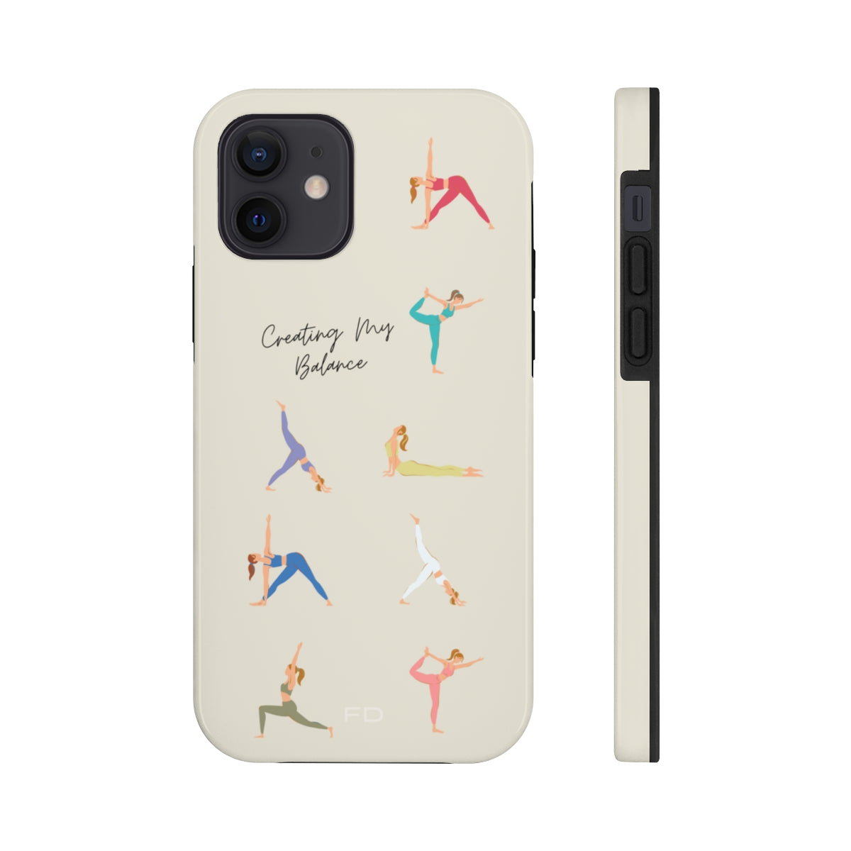 Yoga Poses Tough Case for iPhone, featuring a glossy finish and positive yoga-inspired design, providing impact resistance and wireless charging support.