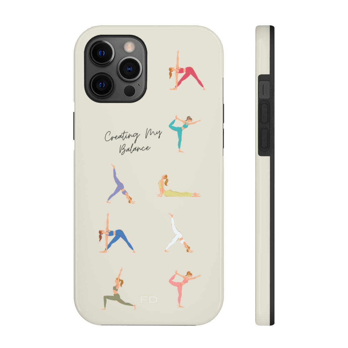 Yoga Poses Tough Case for iPhone, featuring a glossy finish and positive yoga-inspired design, providing impact resistance and wireless charging support.