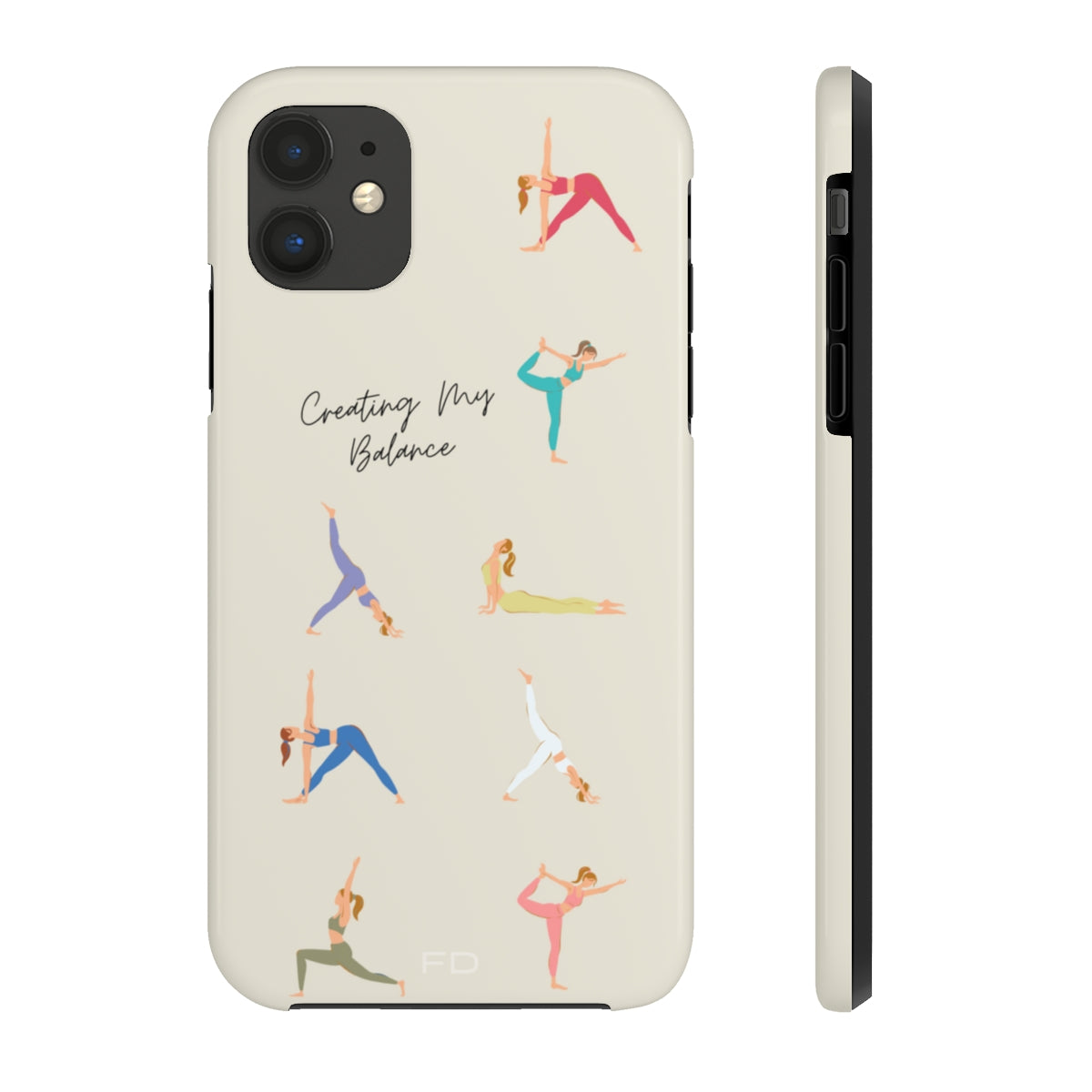 Yoga Poses Tough Case for iPhone, featuring a glossy finish and positive yoga-inspired design, providing impact resistance and wireless charging support.