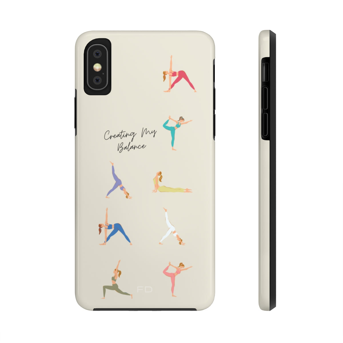 Yoga Poses Tough Case for iPhone, featuring a glossy finish and positive yoga-inspired design, providing impact resistance and wireless charging support.