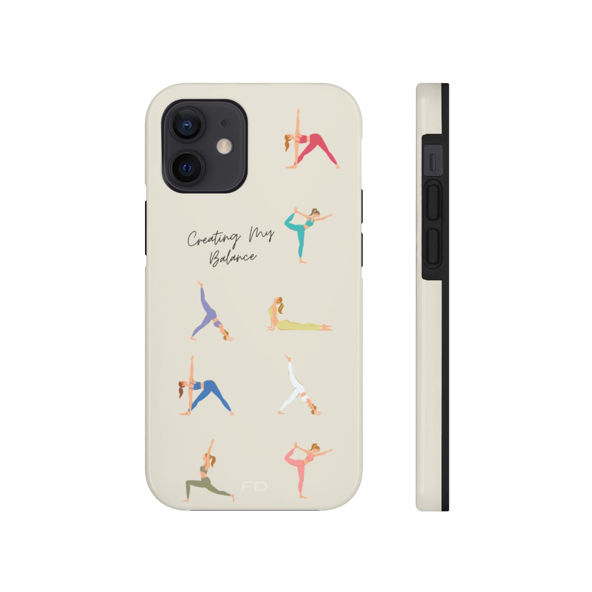 Yoga Poses Tough Case for iPhone, featuring a glossy finish and positive yoga-inspired design, providing impact resistance and wireless charging support.