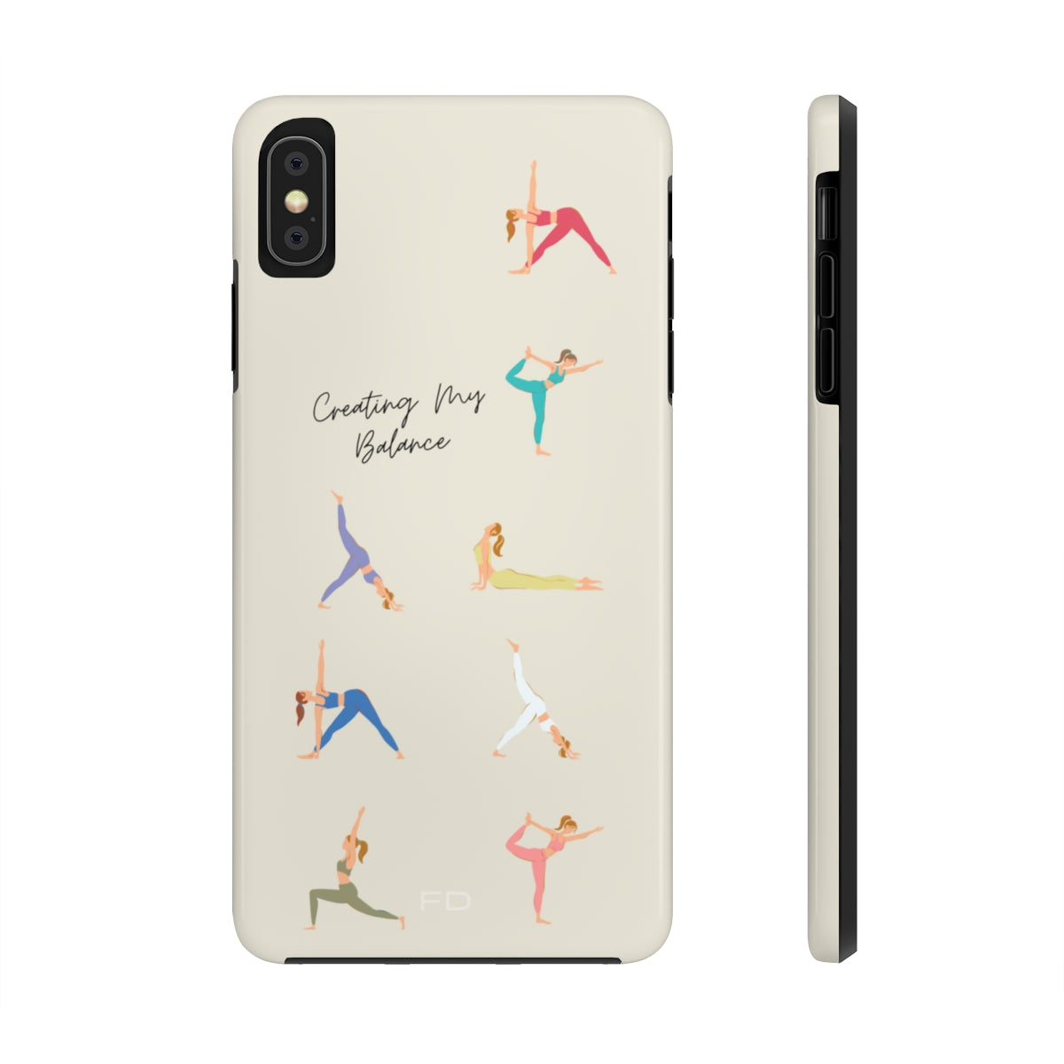 Yoga Poses Tough Case for iPhone, featuring a glossy finish and positive yoga-inspired design, providing impact resistance and wireless charging support.