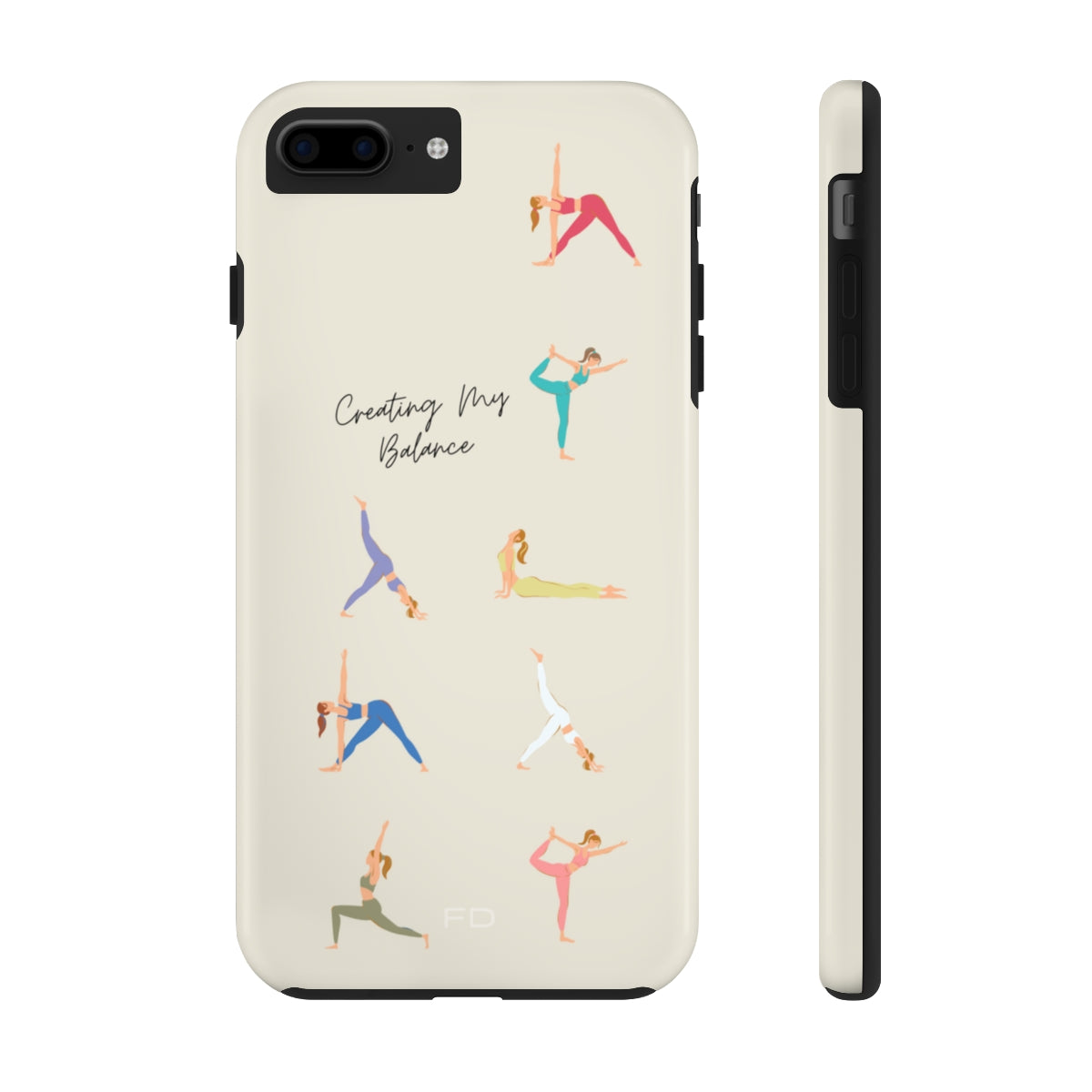 Yoga Poses Tough Case for iPhone, featuring a glossy finish and positive yoga-inspired design, providing impact resistance and wireless charging support.