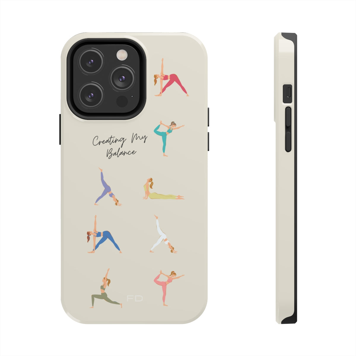 Yoga Poses Tough Case for iPhone, featuring a glossy finish and positive yoga-inspired design, providing impact resistance and wireless charging support.
