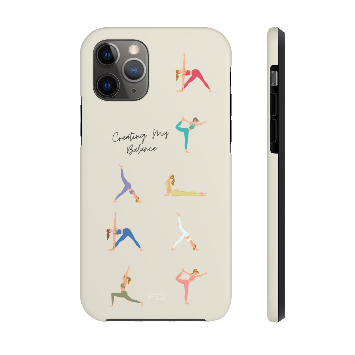 Yoga Poses Tough Case for iPhone, featuring a glossy finish and positive yoga-inspired design, providing impact resistance and wireless charging support.