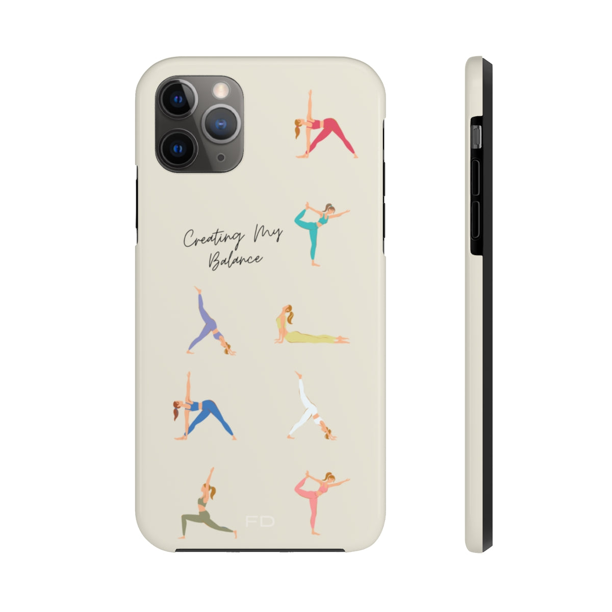 Yoga Poses Tough Case for iPhone, featuring a glossy finish and positive yoga-inspired design, providing impact resistance and wireless charging support.
