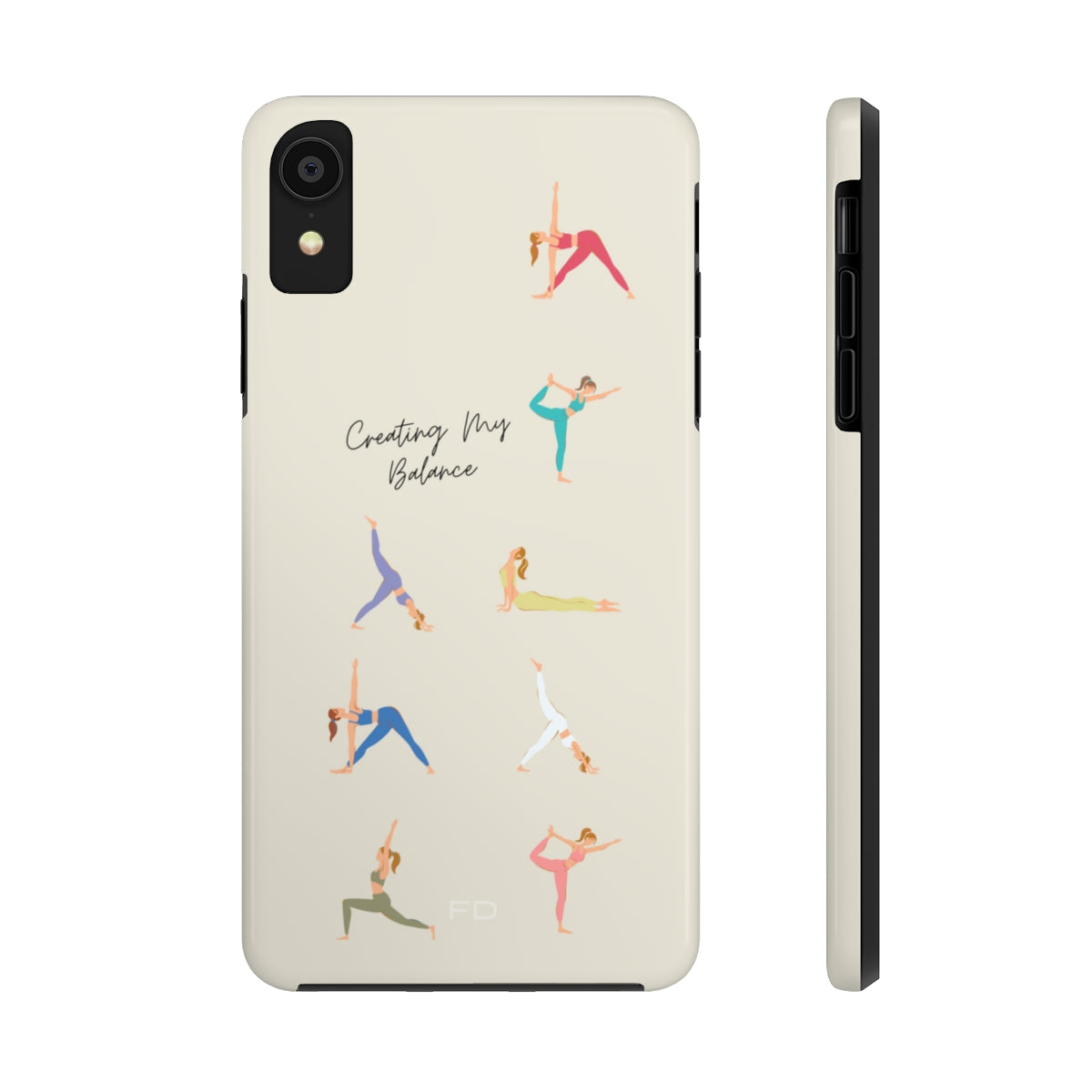 Yoga Poses Tough Case for iPhone, featuring a glossy finish and positive yoga-inspired design, providing impact resistance and wireless charging support.