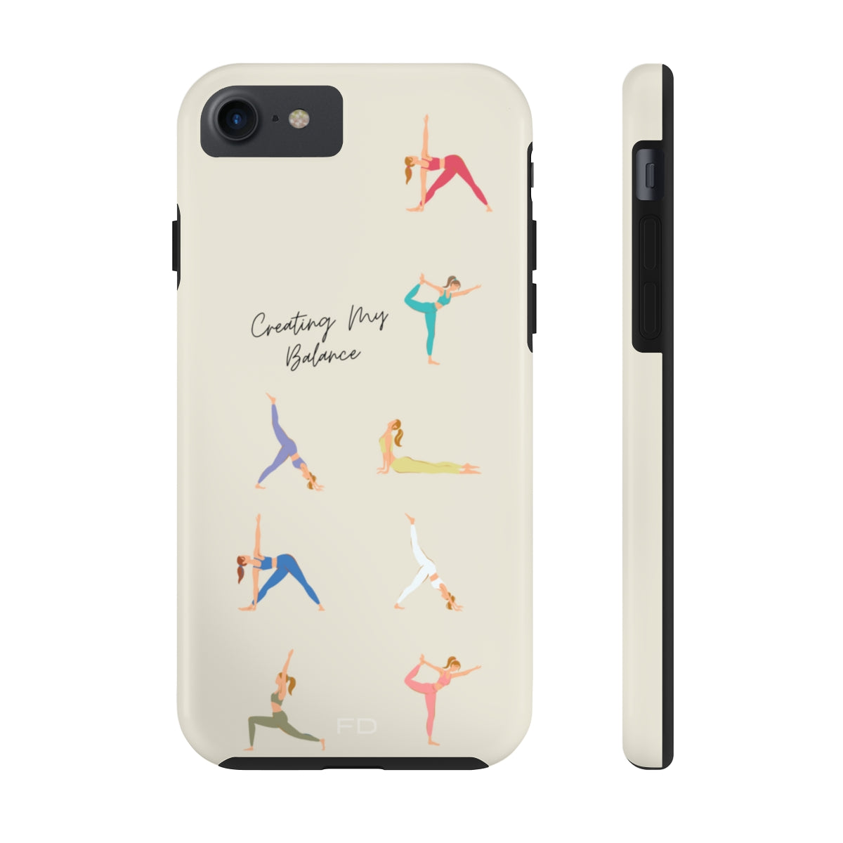 Yoga Poses Tough Case for iPhone, featuring a glossy finish and positive yoga-inspired design, providing impact resistance and wireless charging support.