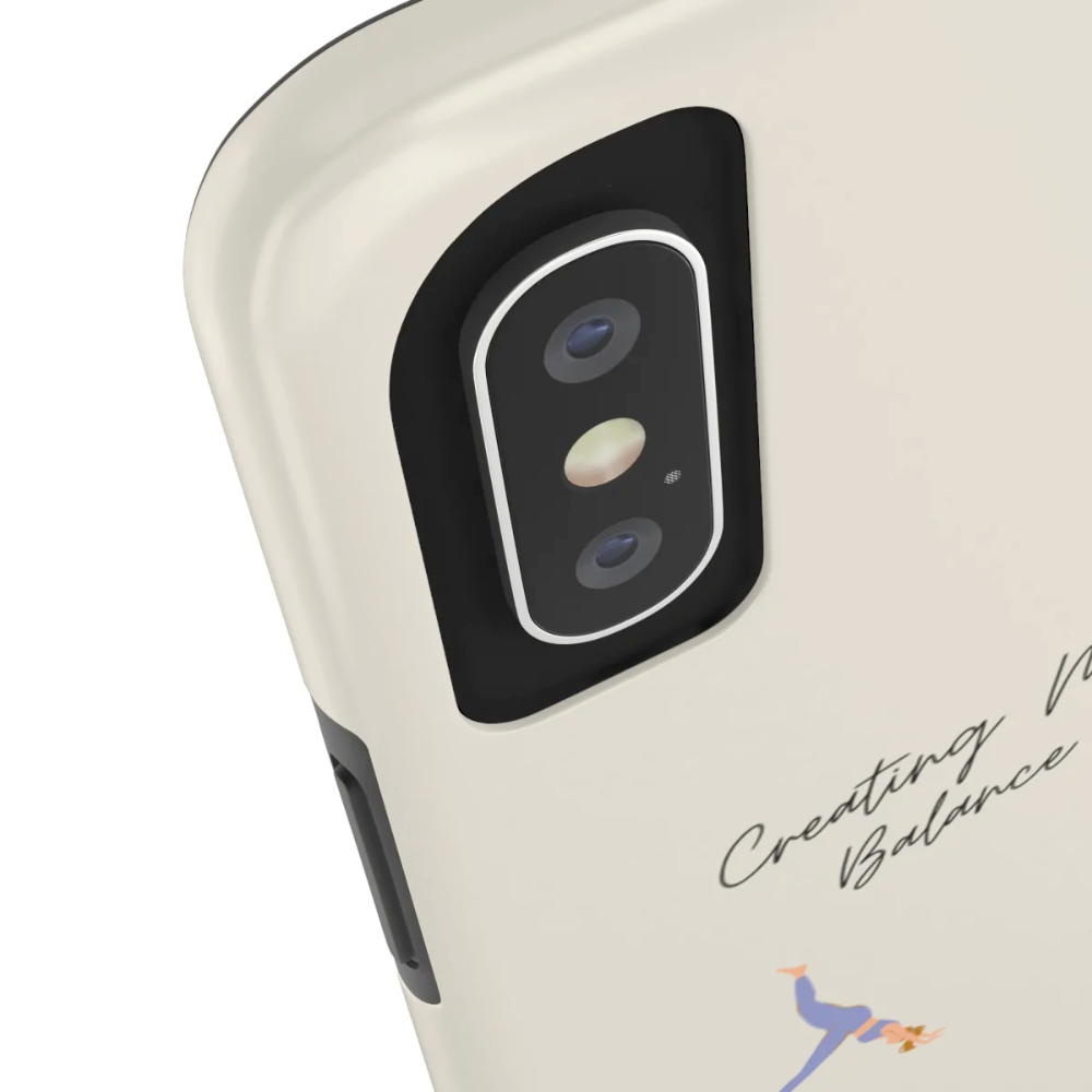 Yoga Poses Tough Case for iPhone, featuring a glossy finish and positive yoga-inspired design, providing impact resistance and wireless charging support.