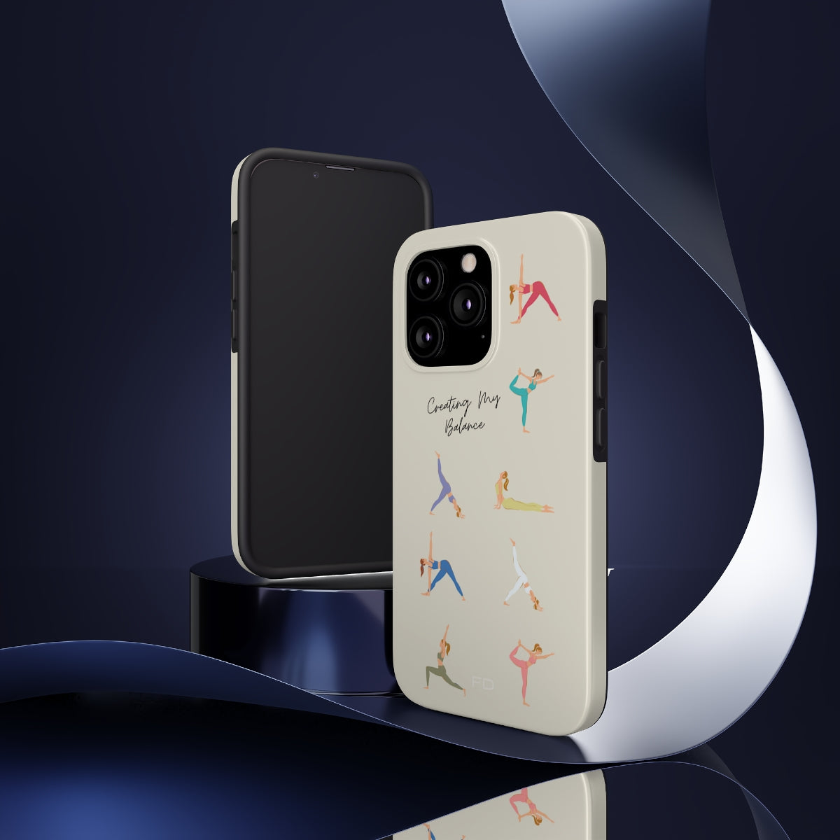 Yoga Poses Tough Case for iPhone, featuring a glossy finish and positive yoga-inspired design, providing impact resistance and wireless charging support.