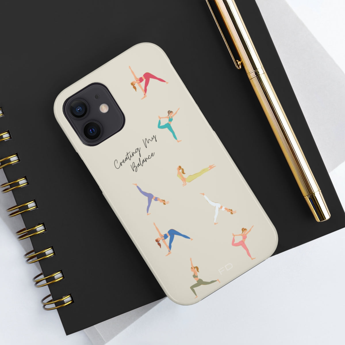 Yoga Poses Tough Case for iPhone, featuring a glossy finish and positive yoga-inspired design, providing impact resistance and wireless charging support.
