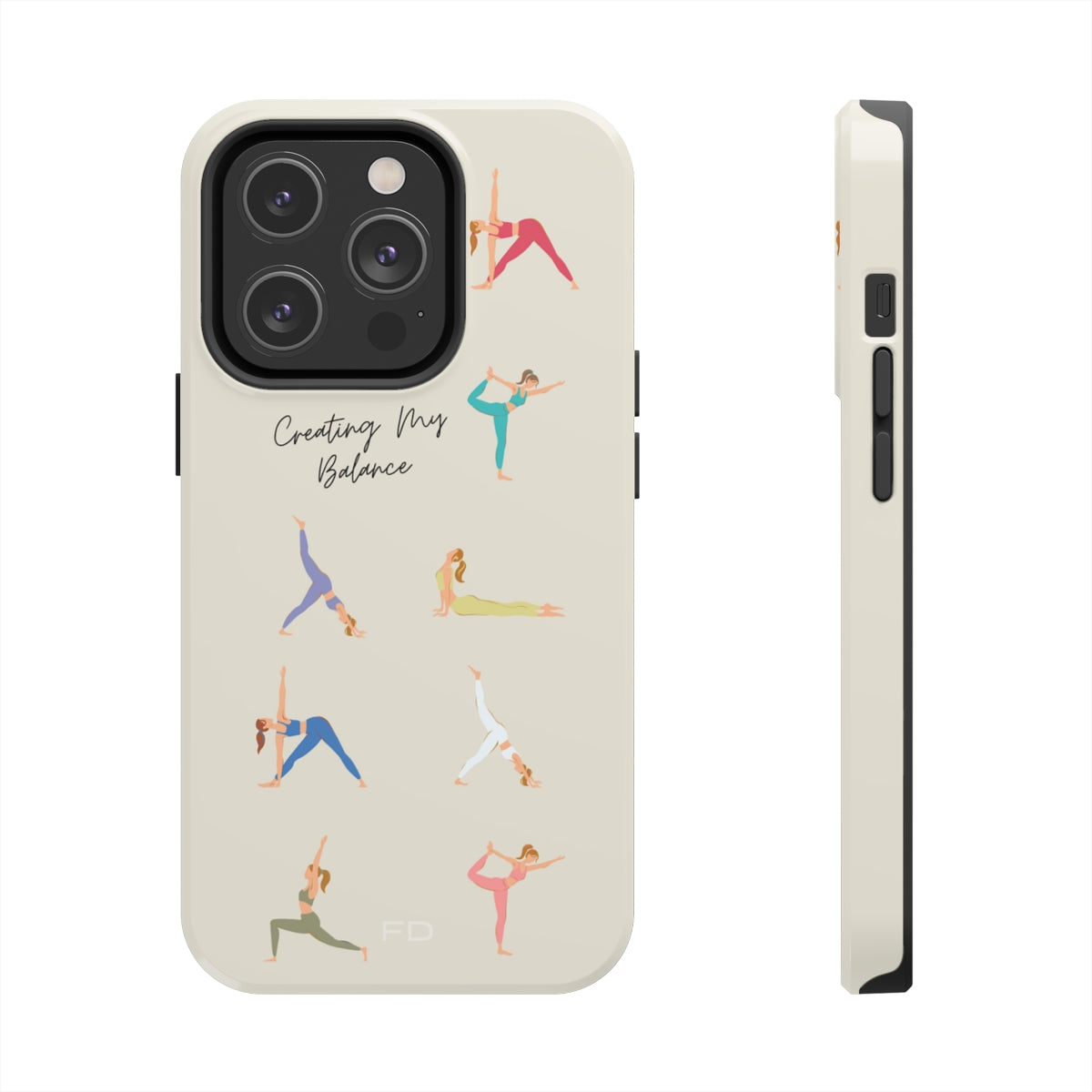 Yoga Poses Tough Case for iPhone, featuring a glossy finish and positive yoga-inspired design, providing impact resistance and wireless charging support.
